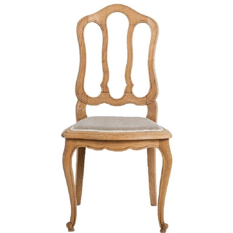 Carved Antique French Country Oak Dining Chairs with Linen Seat