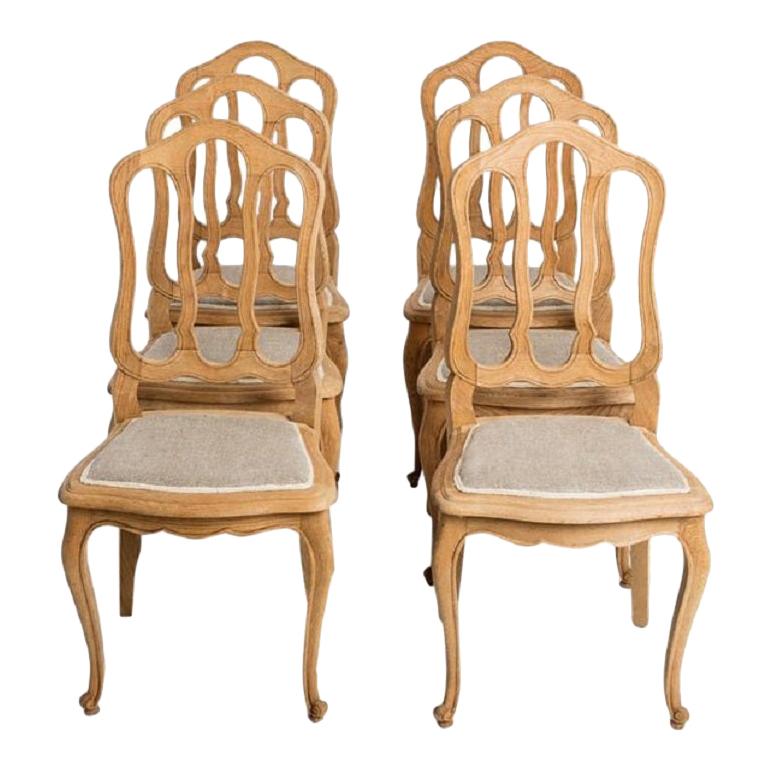 Antique French Country Oak Dining Chairs with Linen Seat