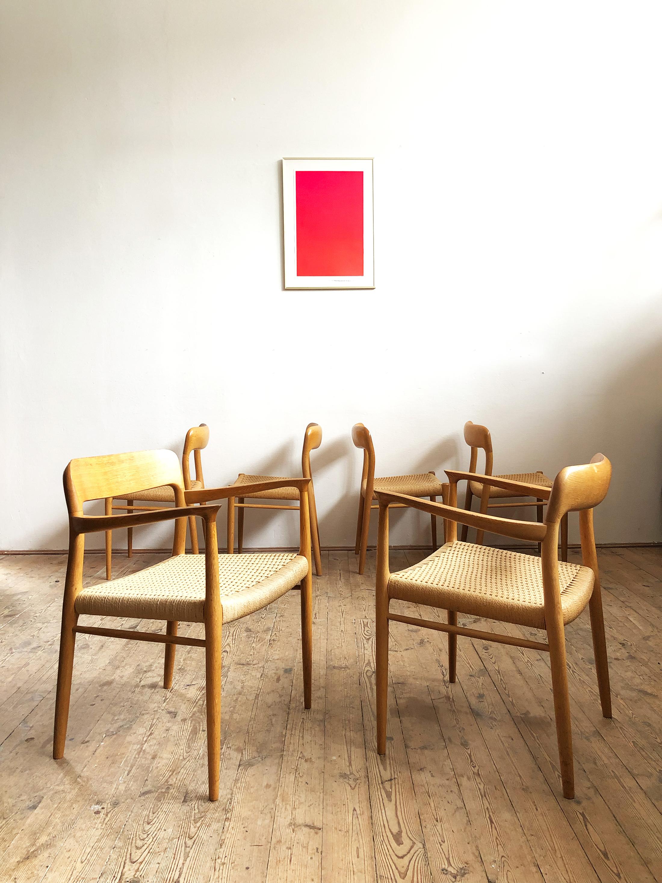 Mid-Century Modern Oak Dining Chairs, Model 56 and 75 by Niels O. Møller with Paper Cord, Set of 6