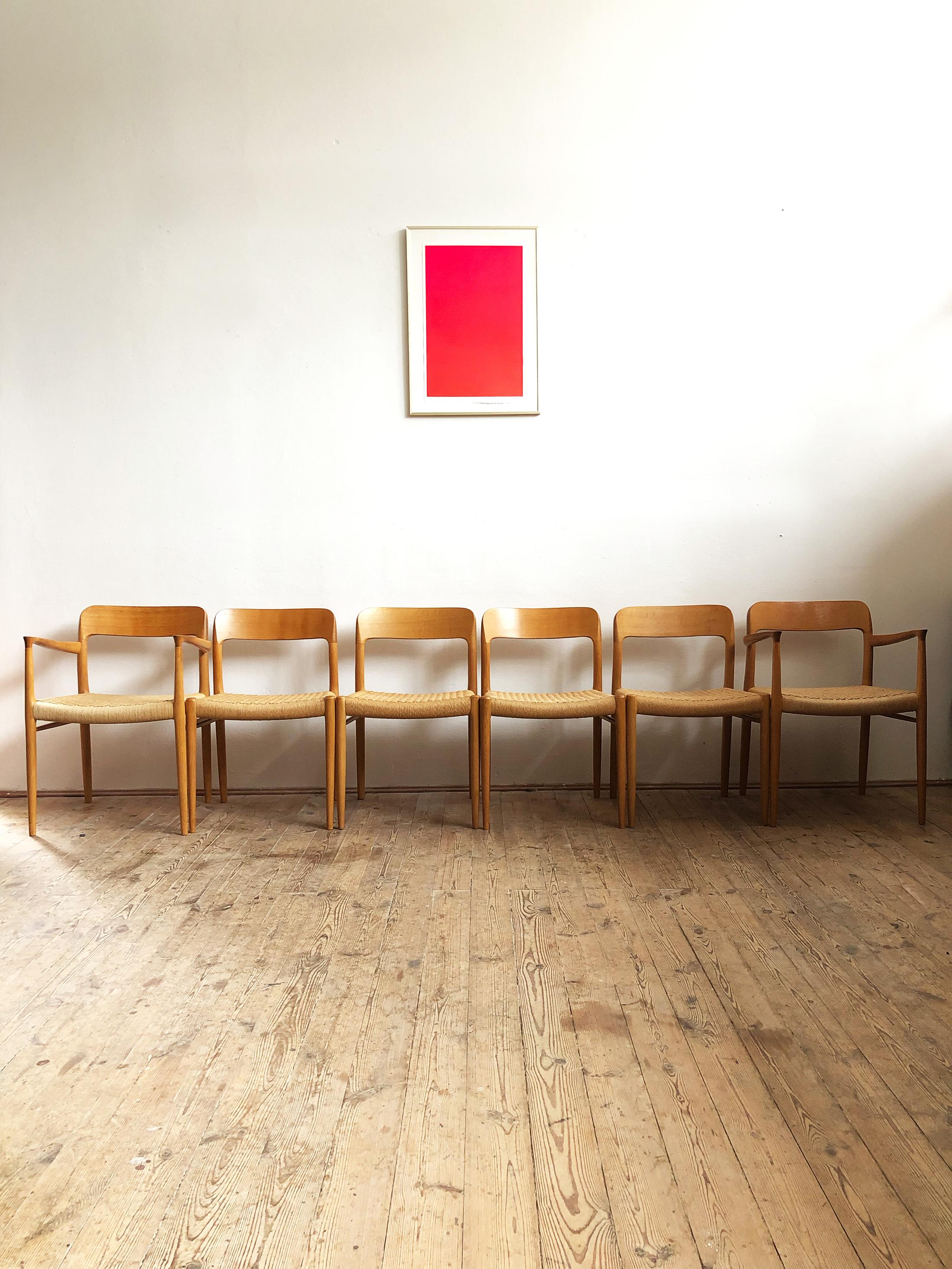 Danish Oak Dining Chairs, Model 56 and 75 by Niels O. Møller with Paper Cord, Set of 6 For Sale