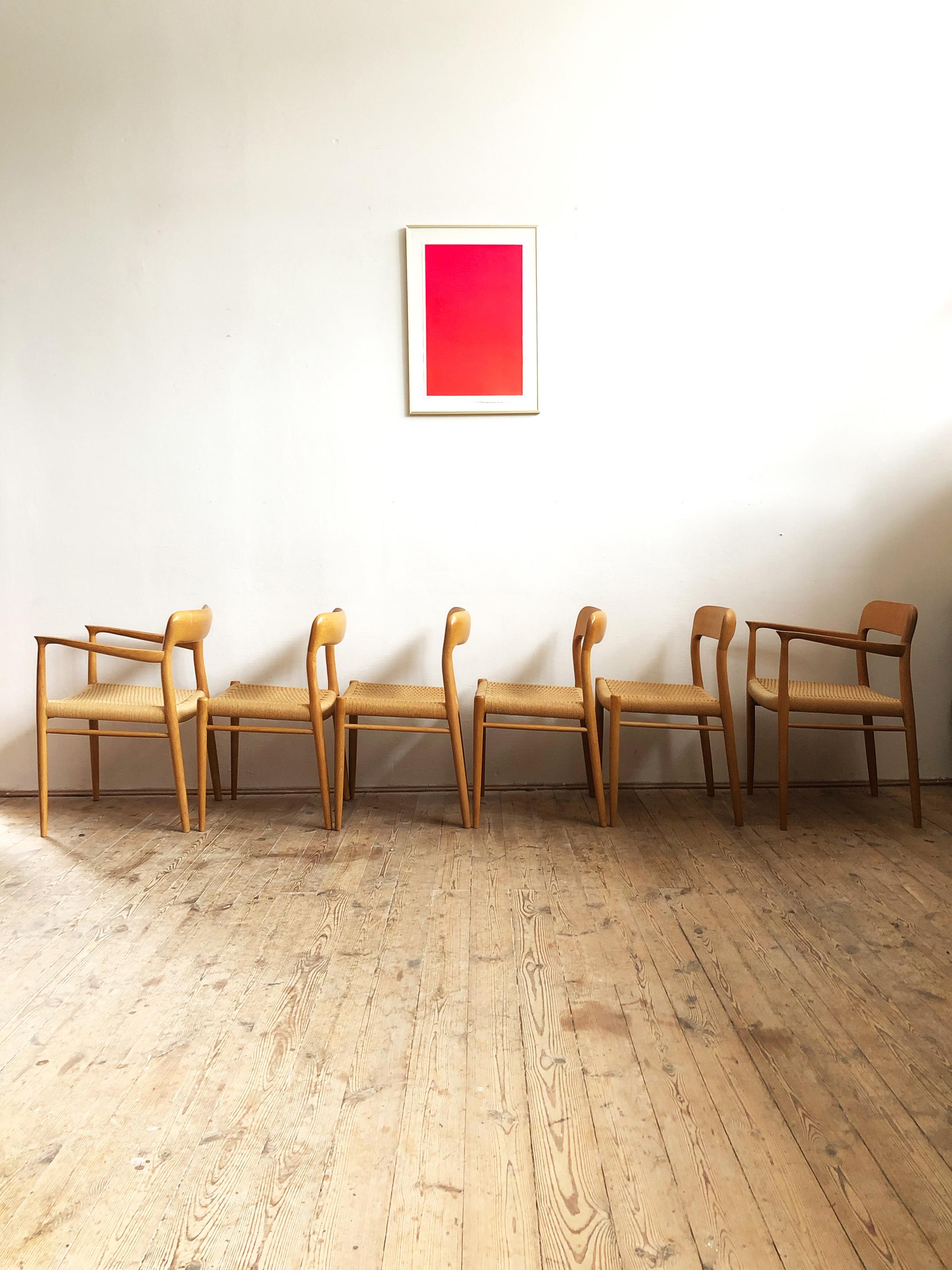 Oak Dining Chairs, Model 56 and 75 by Niels O. Møller with Paper Cord, Set of 6 In Good Condition In Munich, Bavaria