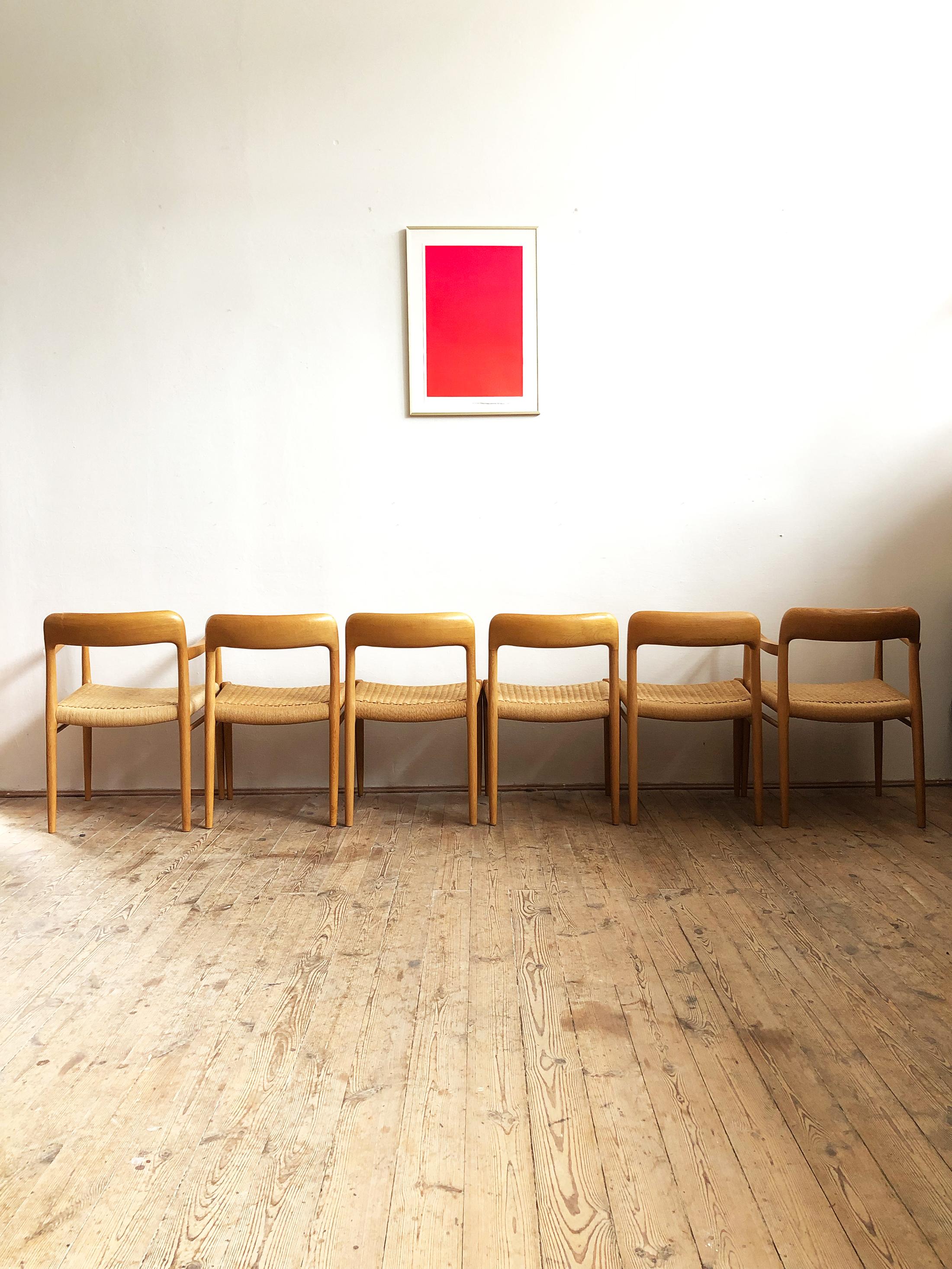 Mid-20th Century Oak Dining Chairs, Model 56 and 75 by Niels O. Møller with Paper Cord, Set of 6
