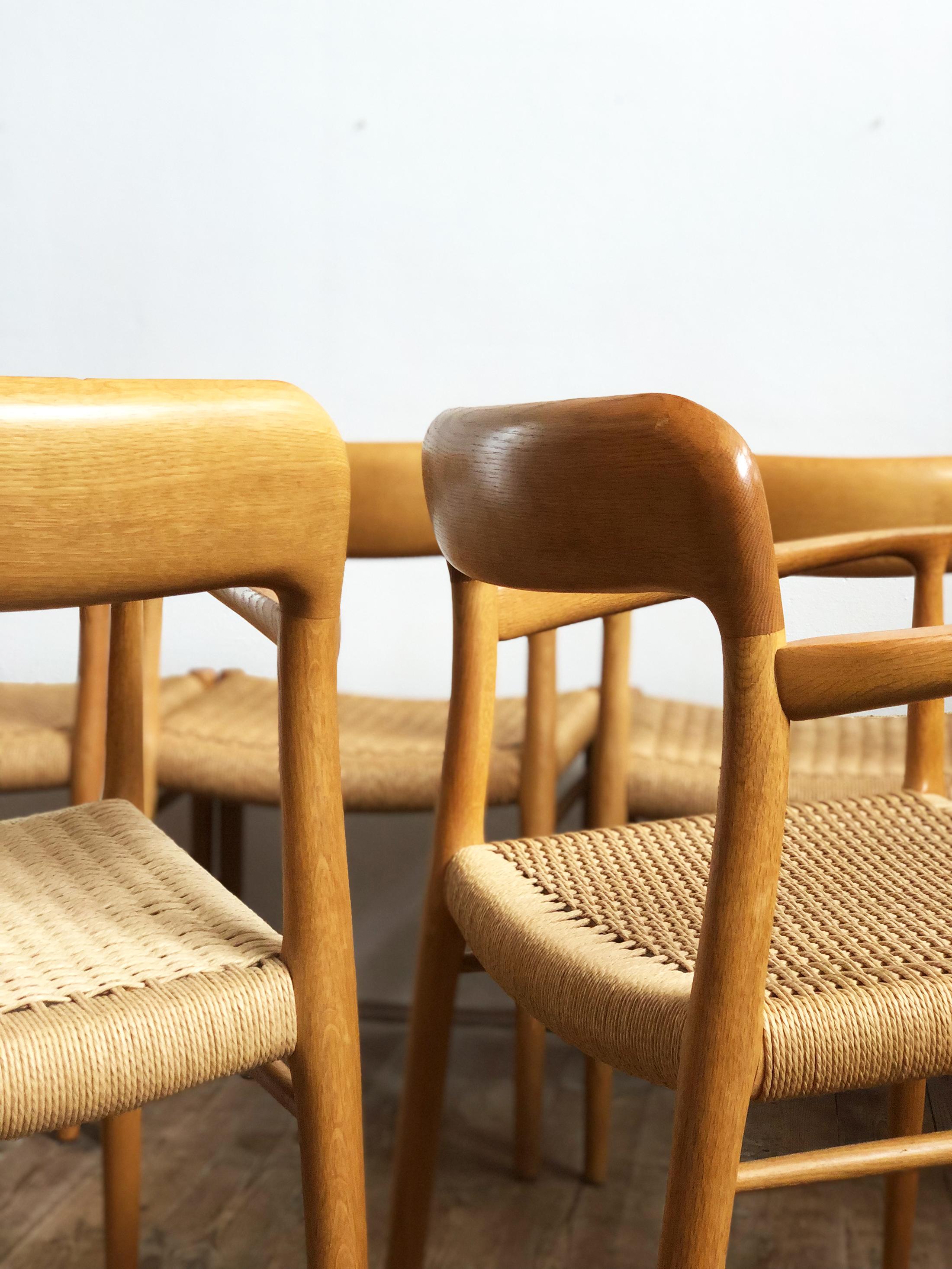 Papercord Oak Dining Chairs, Model 56 and 75 by Niels O. Møller with Paper Cord, Set of 6 For Sale