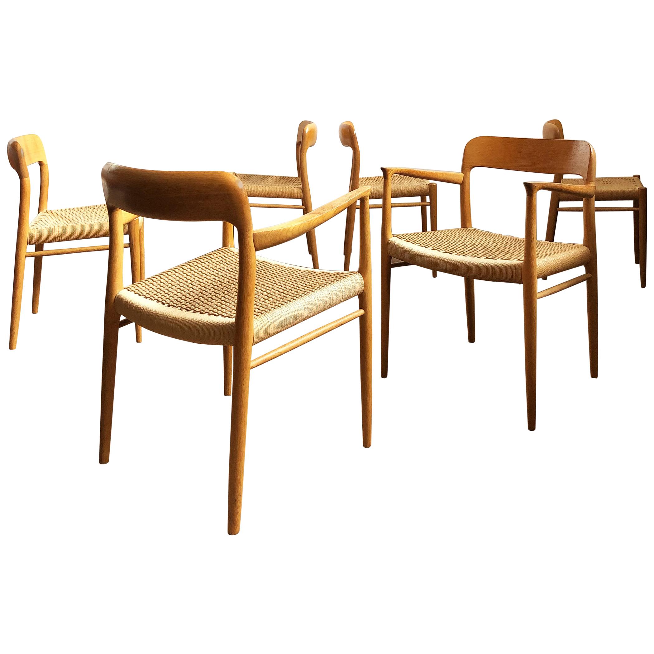 Oak Dining Chairs, Model 56 and 75 by Niels O. Møller with Paper Cord, Set of 6