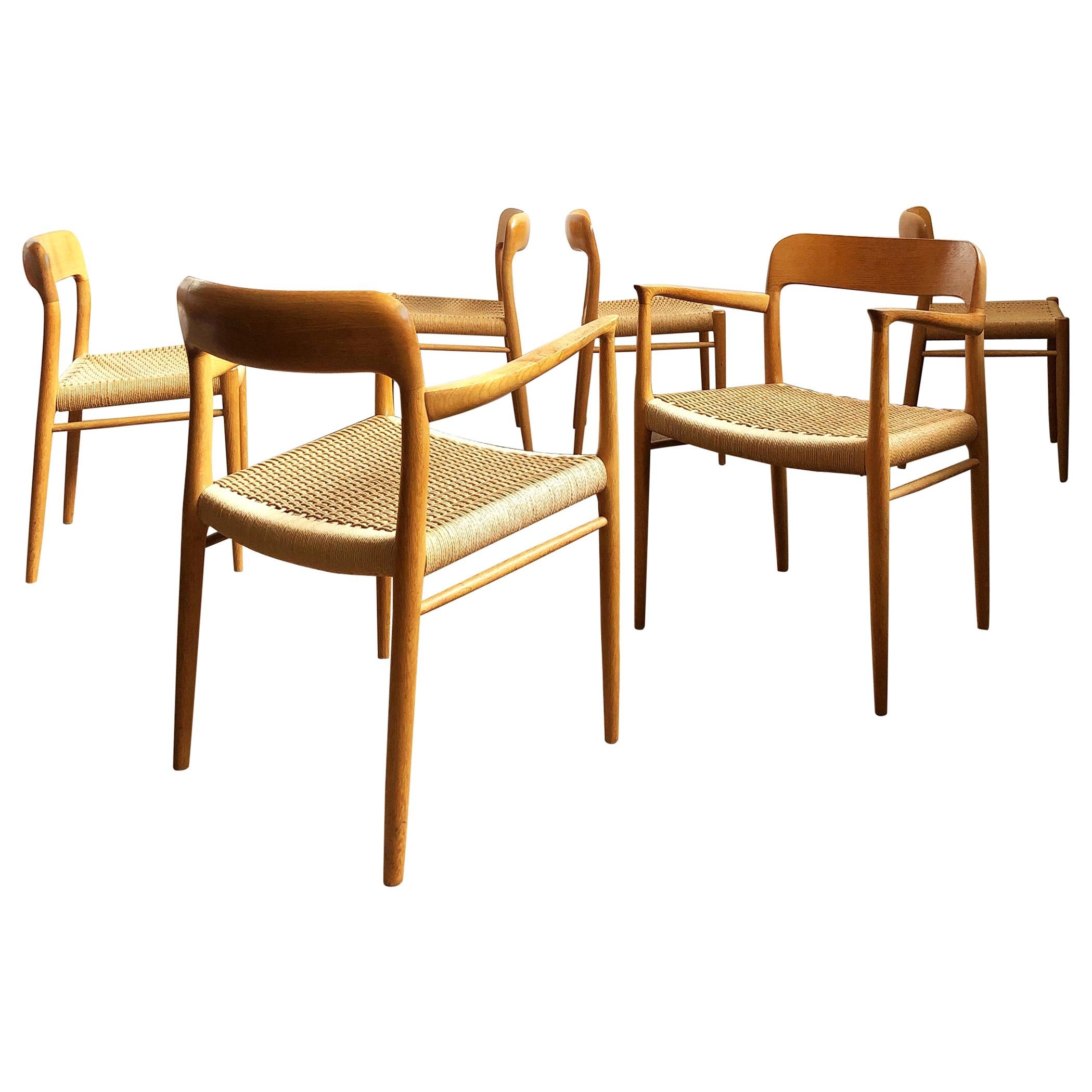 Oak Dining Chairs, Model 56 and 75 by Niels O. Møller with Paper Cord, Set of 6 For Sale