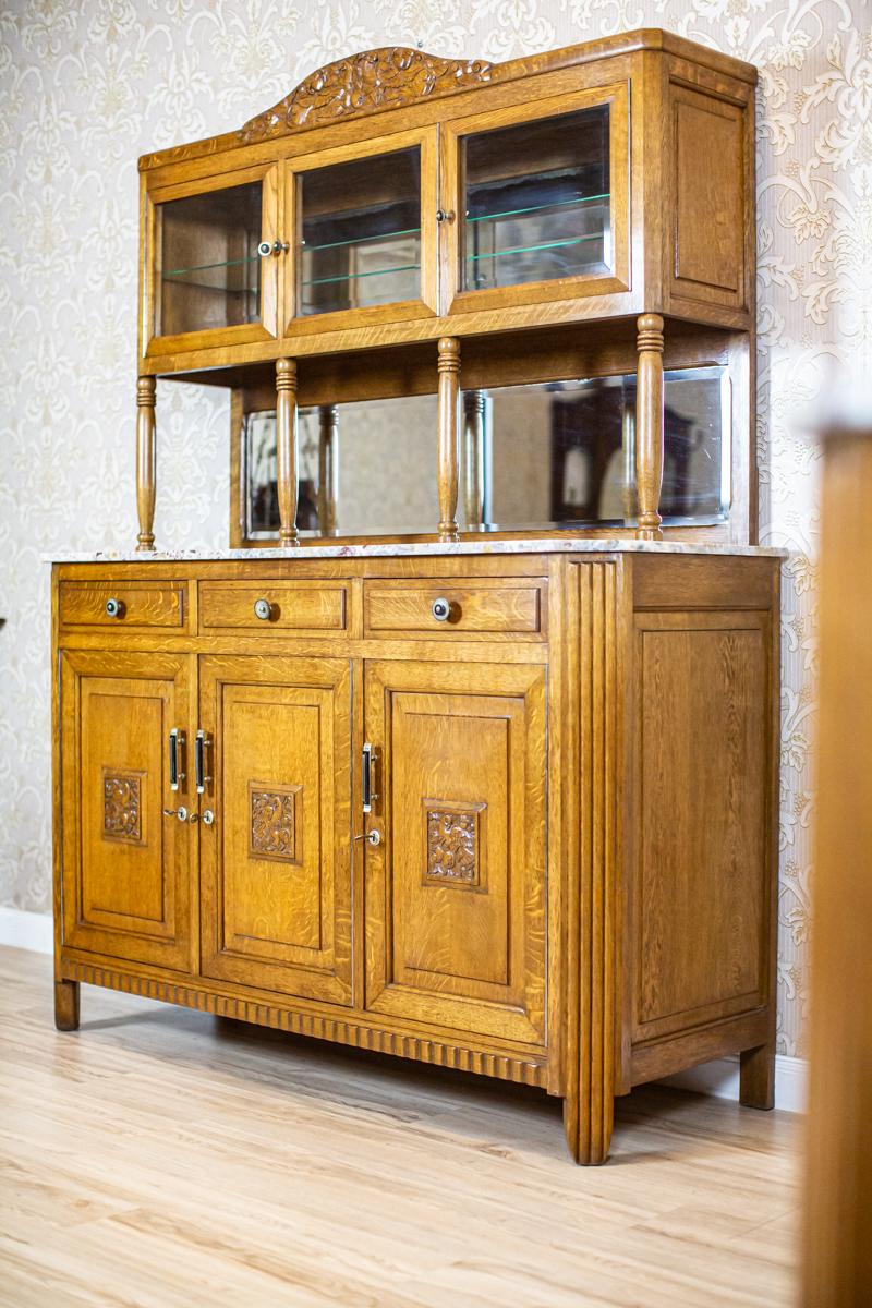 Oak Dining Room Set from the Early 20th Century with Marble and Rattan Elements For Sale 12