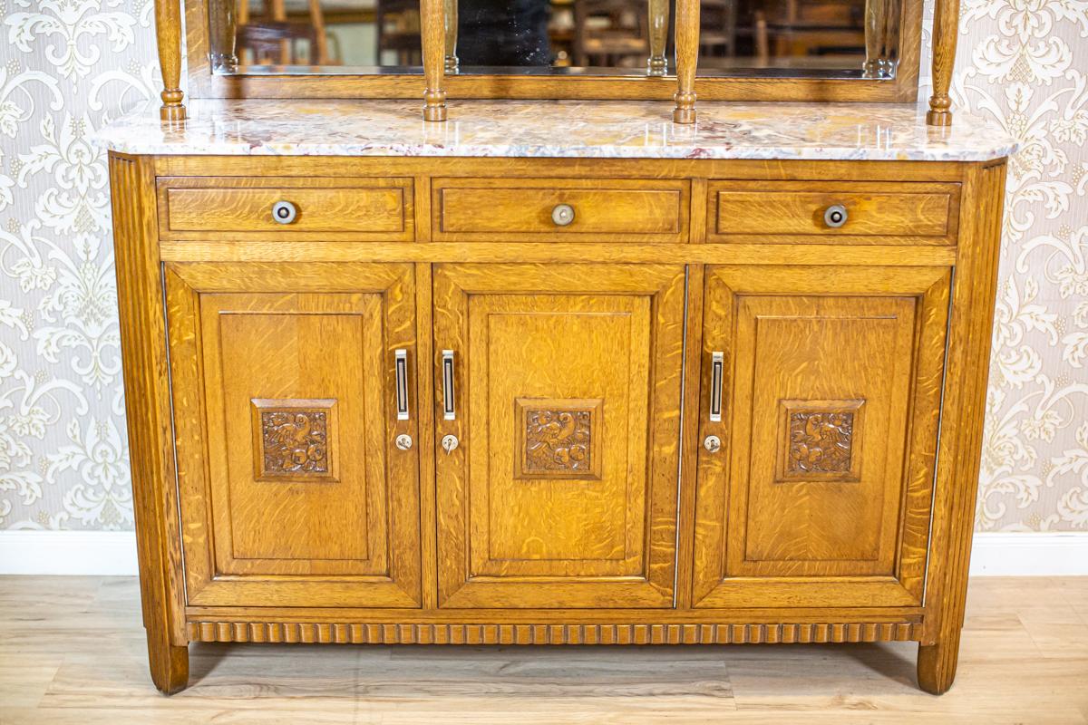 Set da pranzo in Oak con elementi in marmo e rattan, anni '50, set di 9 pezzi in vendita 13