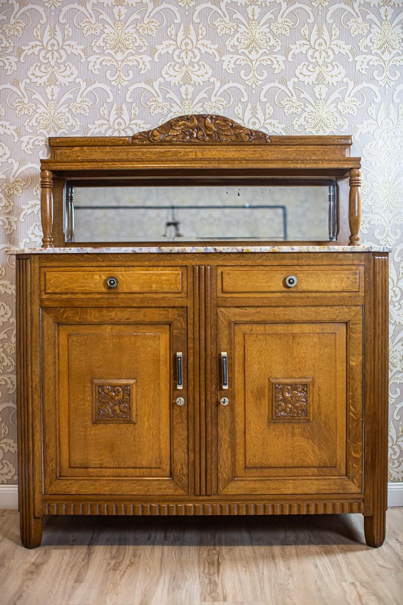 Set da pranzo in Oak con elementi in marmo e rattan, anni '50, set di 9 pezzi in vendita 1