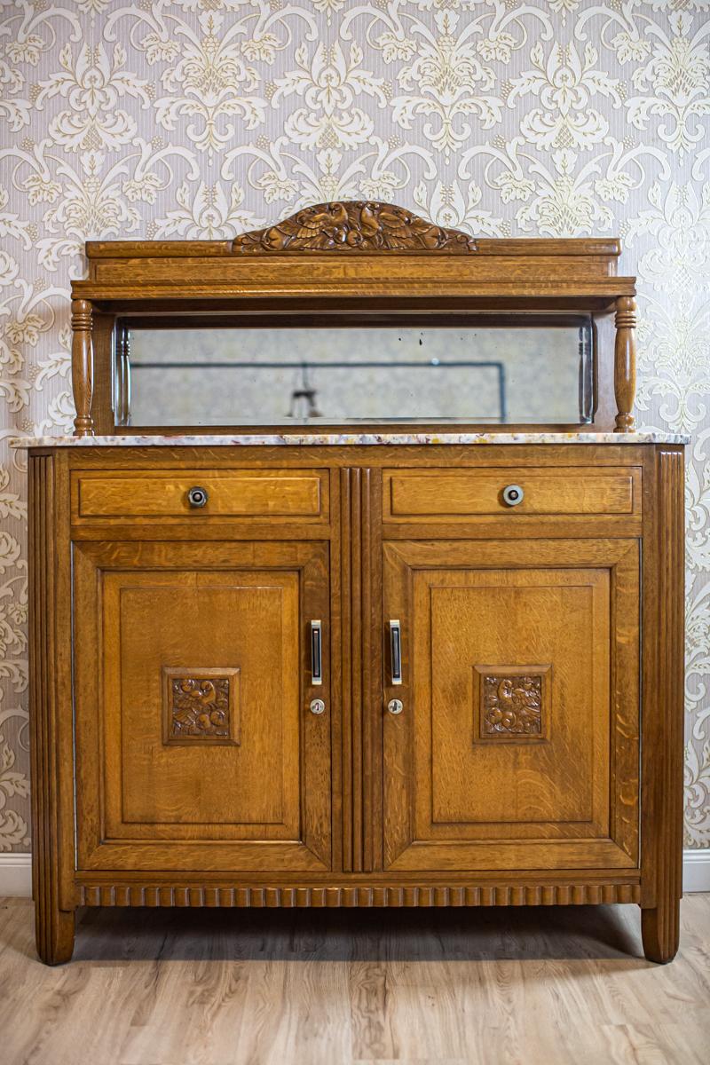 Mirror Oak Dining Room Set from the Early 20th Century with Marble and Rattan Elements For Sale