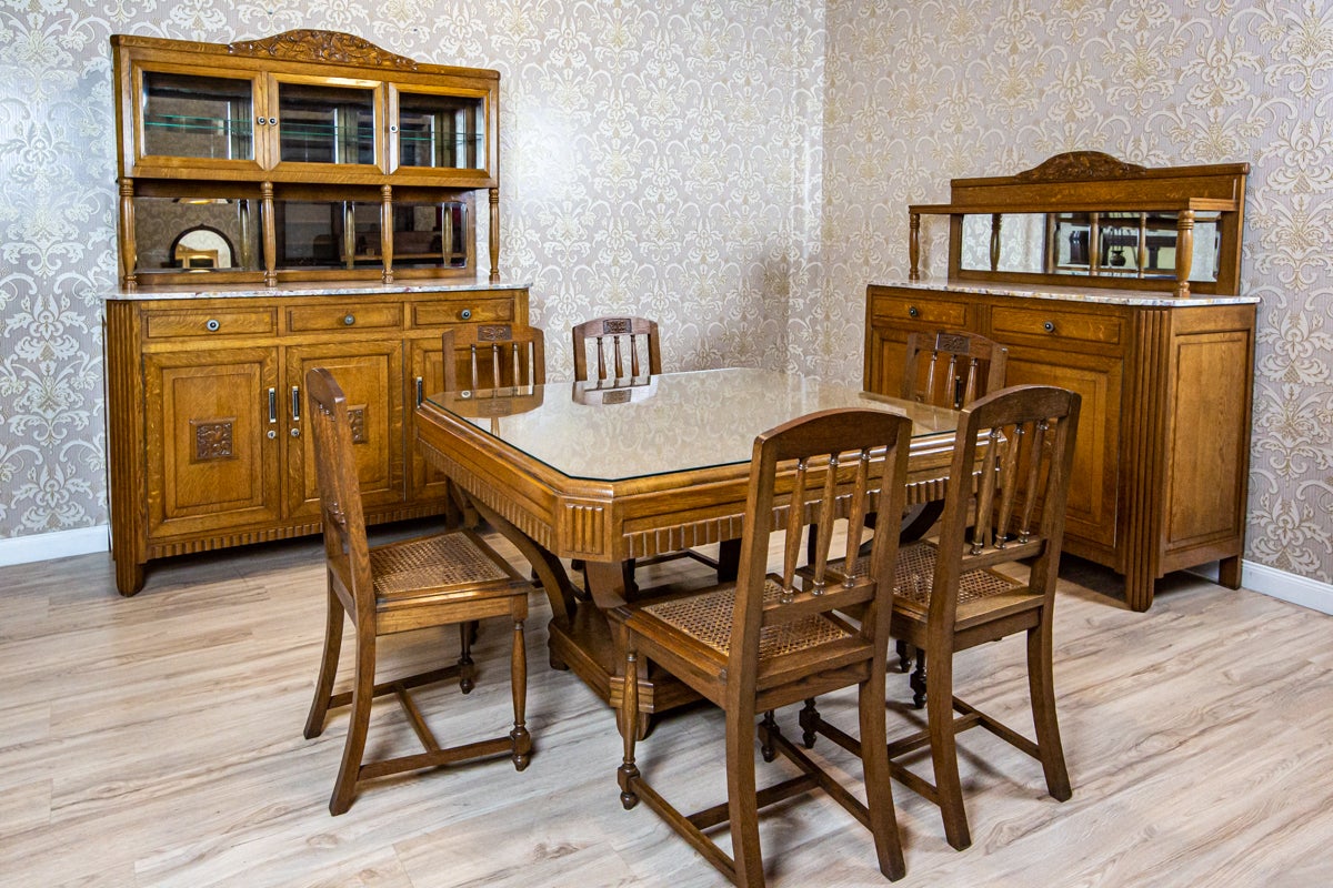 Oak Dining Room Set from the Early 20th Century with Marble and Rattan Elements For Sale