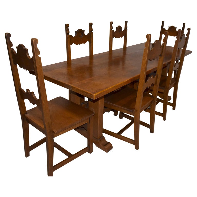 Oak Dining Table and Chairs, Set of Seven, circa 1920 at 1stDibs