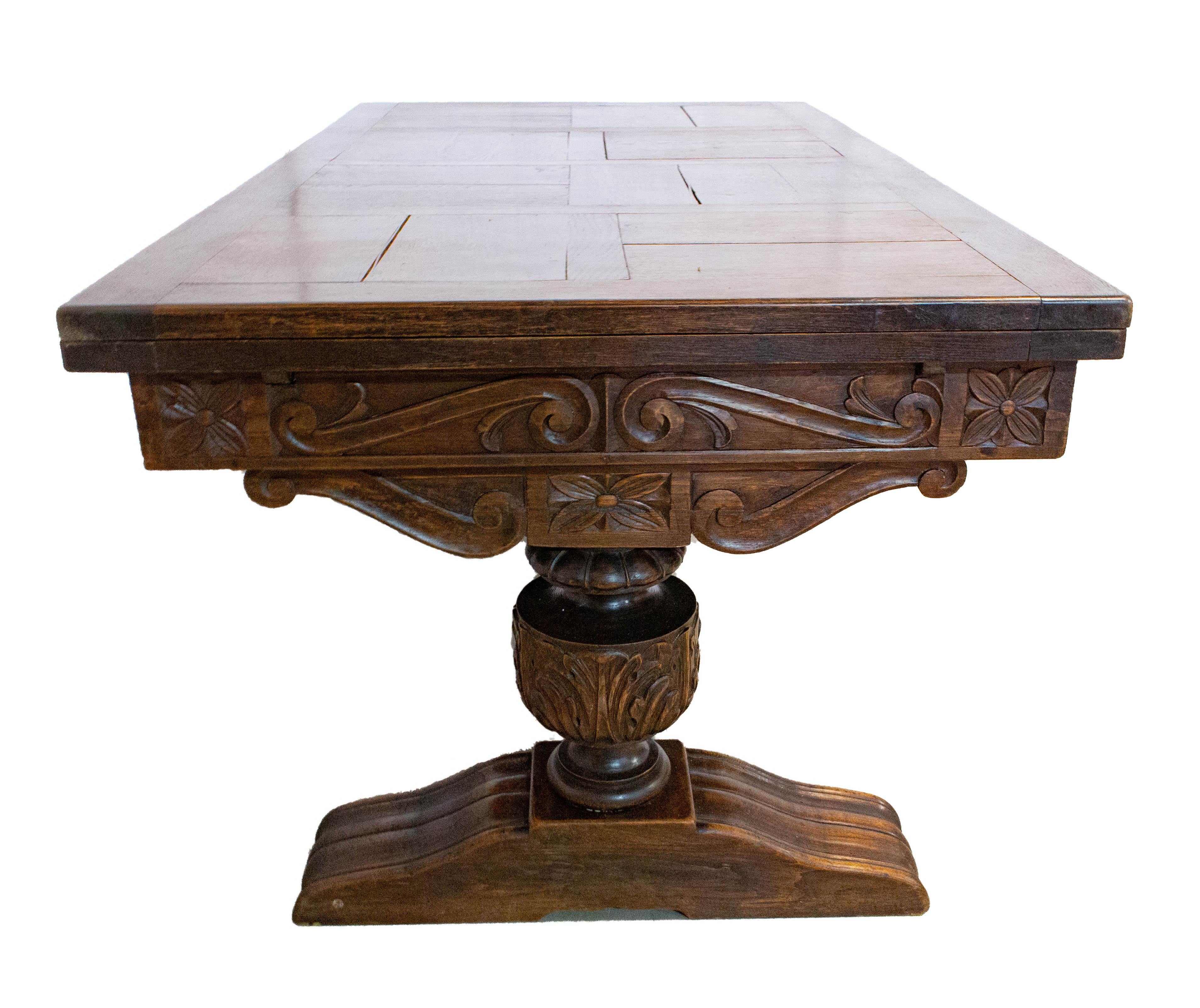 Carved Oak Dining Table Basque Spanish Renaissance Revival Refectory Extends Midcentury