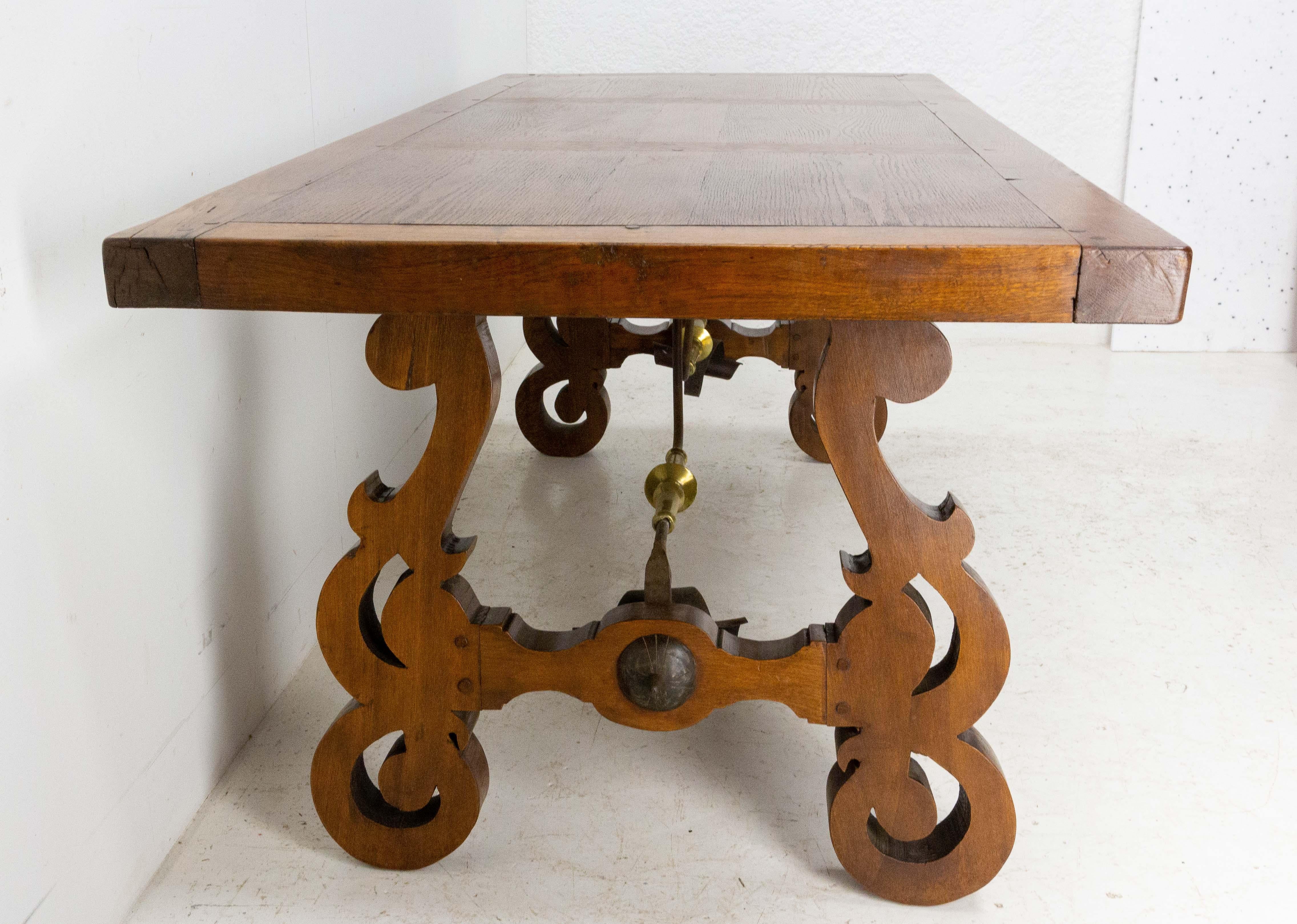 Brass Oak Dining Table Basque Spanish Renaissance Revival Refectory Midcentury, Mid-C.