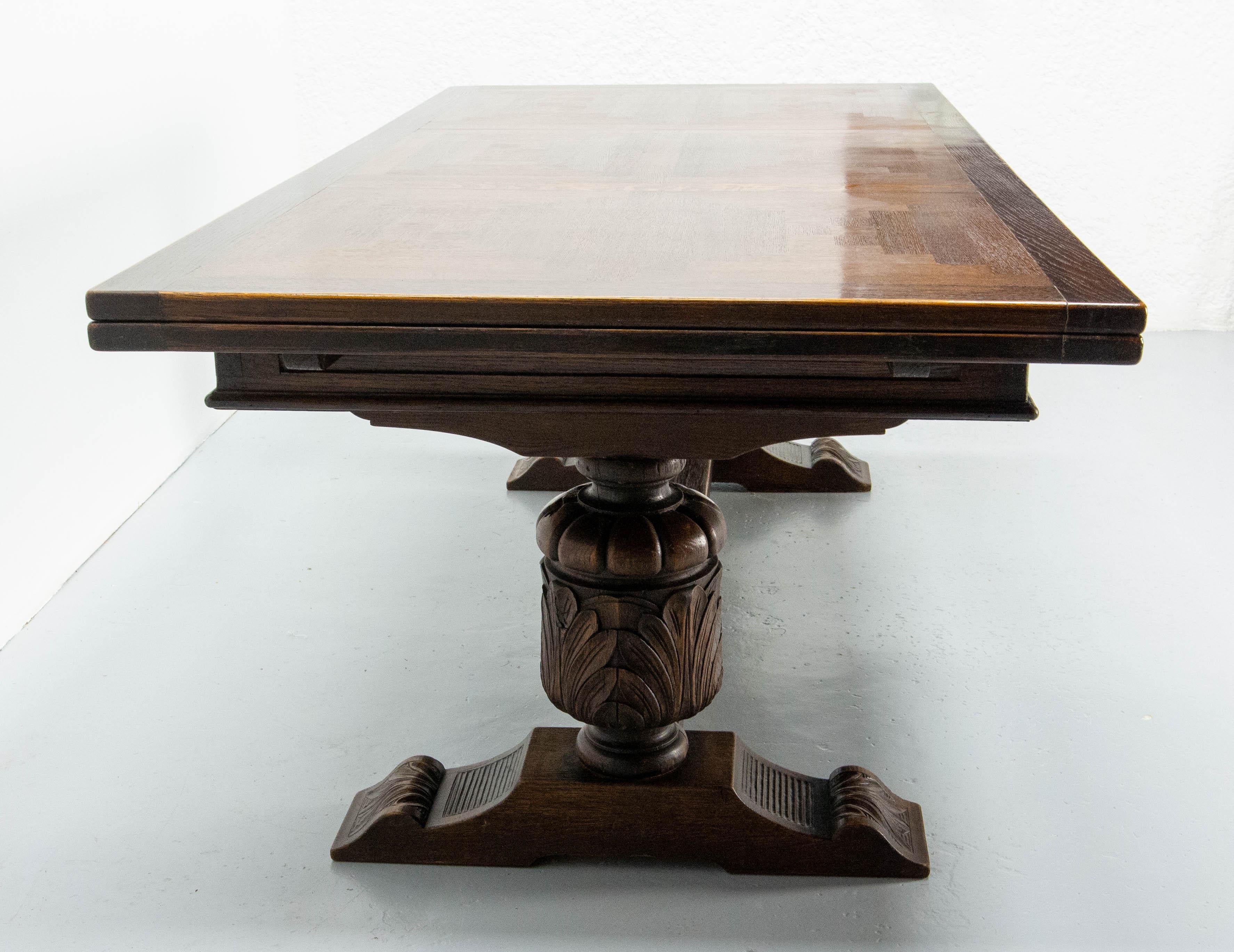 Renaissance Revival Oak Dining Refectory Table Extendable Spanish Renaissance Style 20th Midcentury For Sale