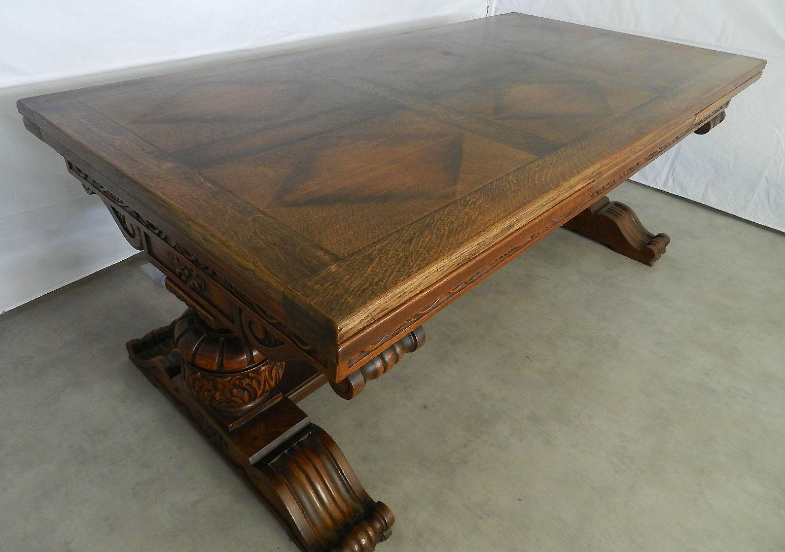 Oak Dining Table Renaissance Revival Refectory Extends Diamond Parquet Top In Good Condition For Sale In Labrit, Landes