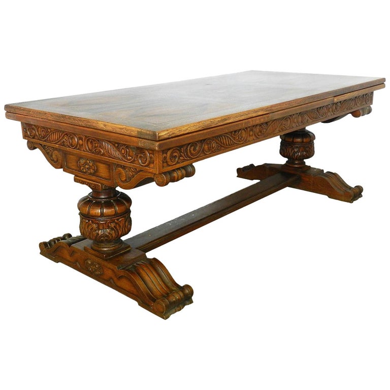 Oak Dining Table Renaissance Revival Refectory Extends Diamond Parquet Top For Sale At 1stdibs