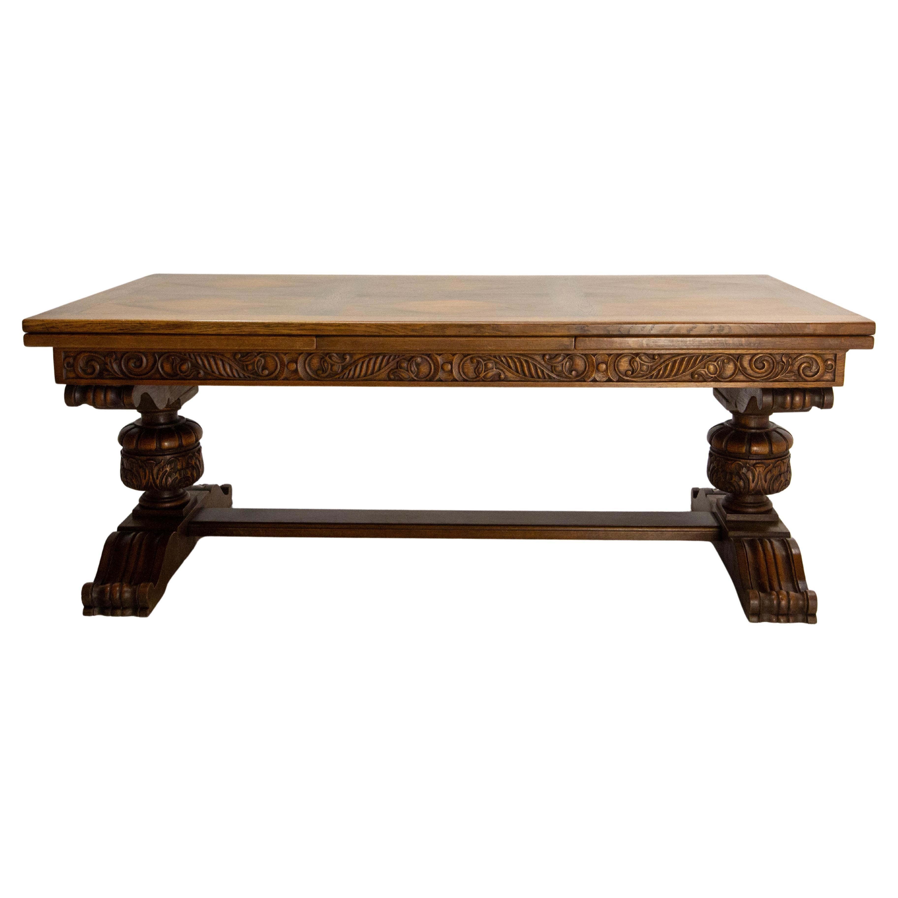 Oak Dining Table Renaissance Revival Refectory Extends Diamond Parquet Top