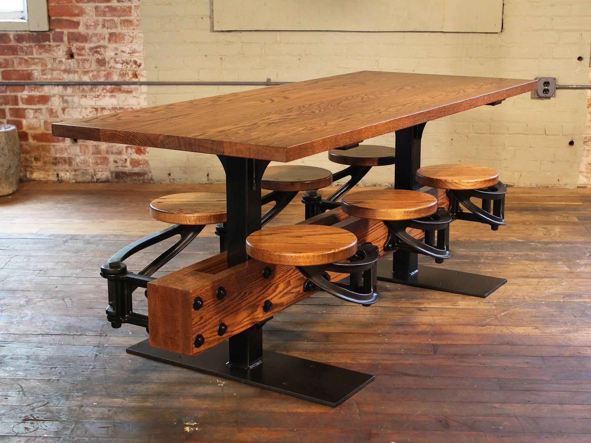 Cast Oak Dining Table with Attached Swing-Out Seats For Sale