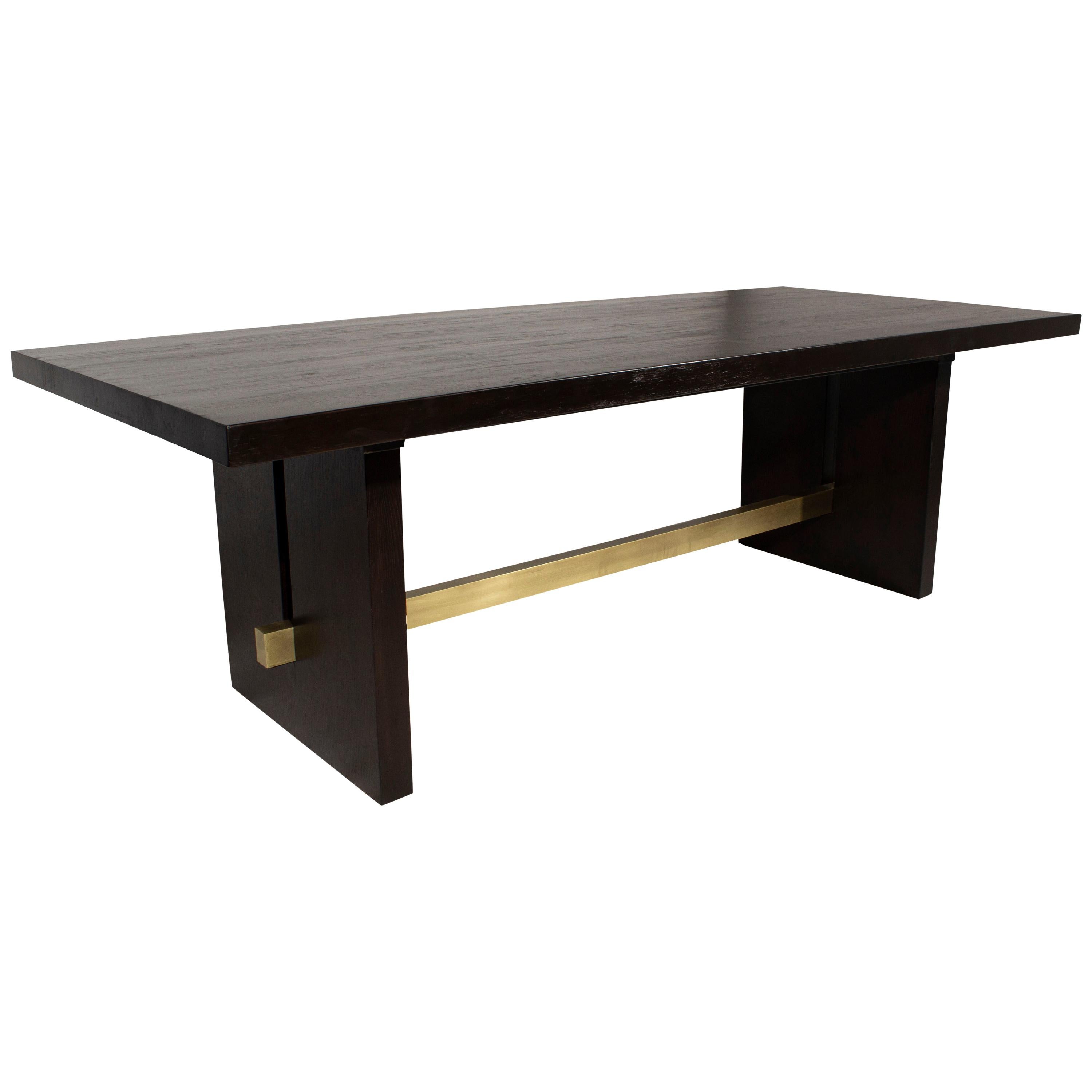 Black Oak Dining Table with Gold Bar Base For Sale