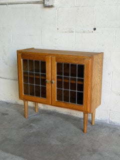 Oak Display Cabinet with Leaded Glass Doors Interior Shelf Denmark 1960s