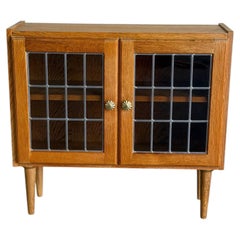 Oak Display Cabinet with Leaded Glass Doors Interior Shelf Denmark 1960s