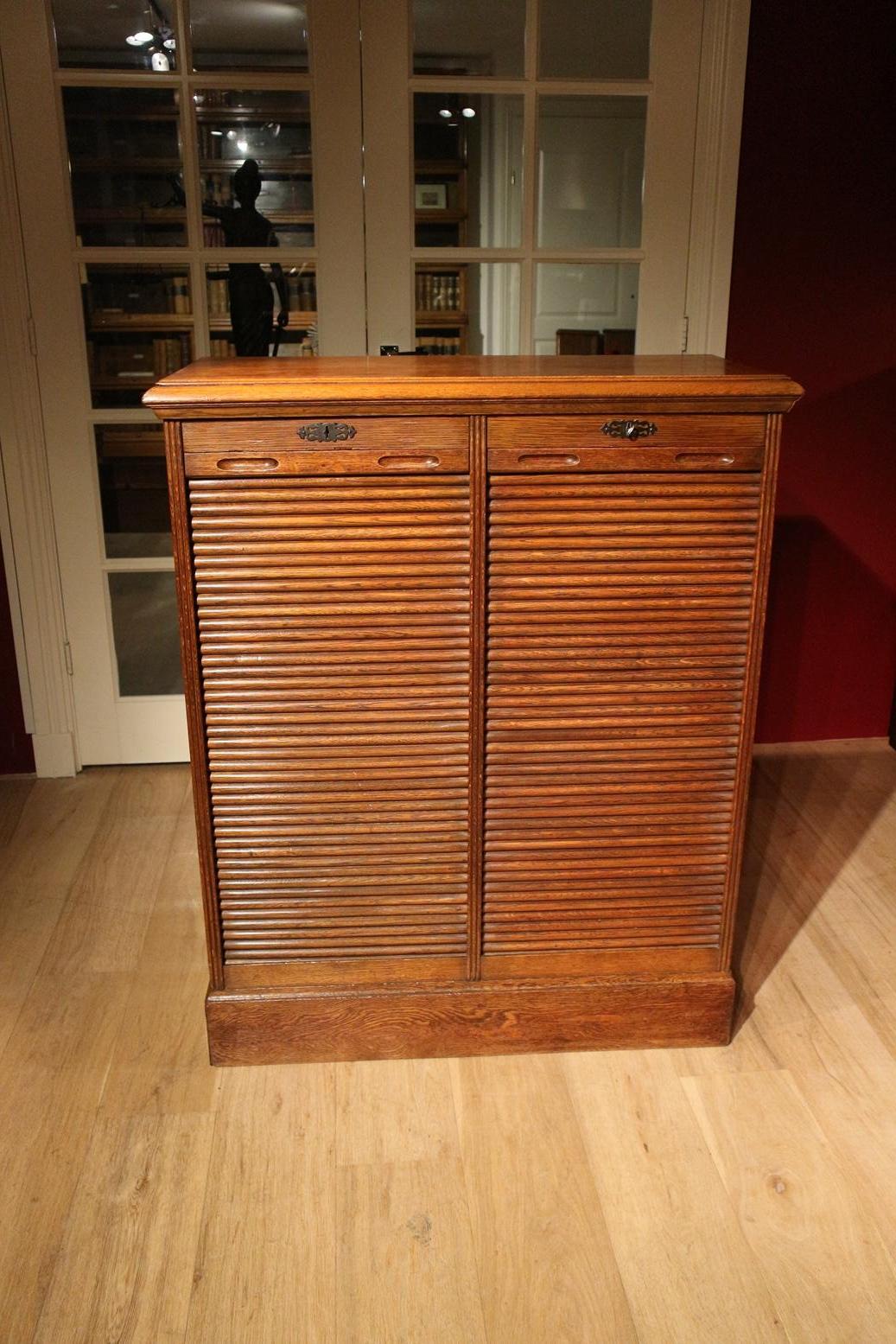 British Oak Double Filing Cabinet with Shutters, 18 Drawers