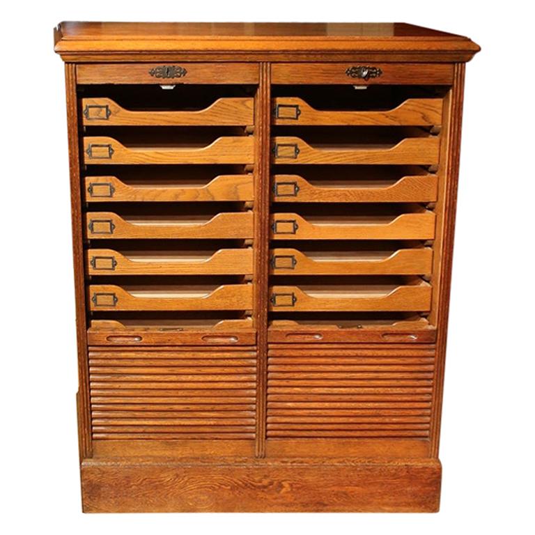 Oak Double Filing Cabinet with Shutters, 18 Drawers
