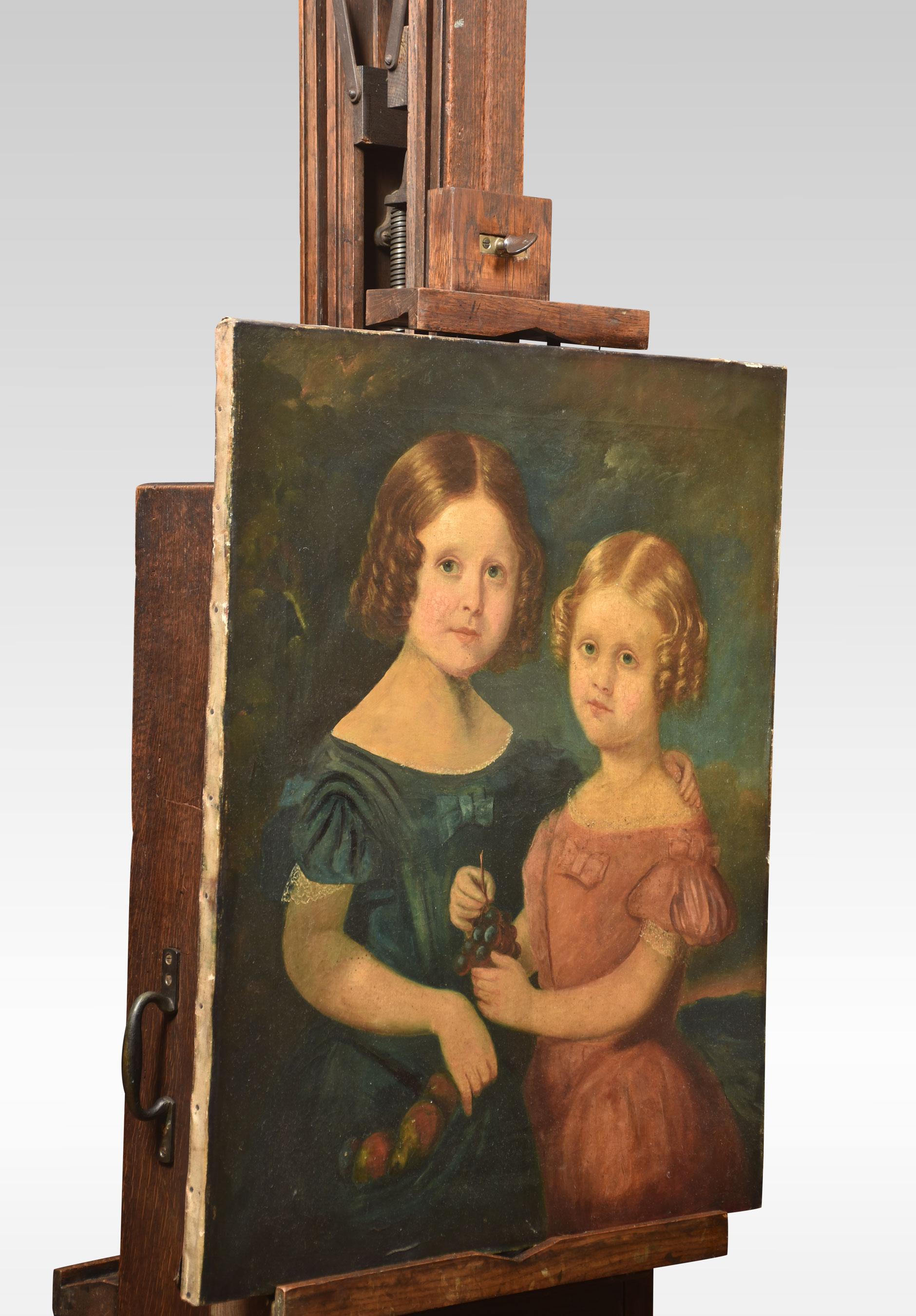 large oak double sided artist’s fully adjustable studio easel raised up on trestle base terminating in castors. Retaining its original winding handle.
Dimensions
Height 72 inches ajustable to 105 inches
Width 24 inches
Depth 25.5 inches.