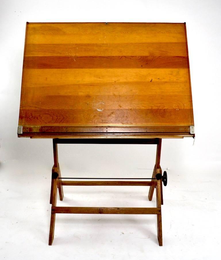Industrial Oak Drafting Table with Adjustable Top