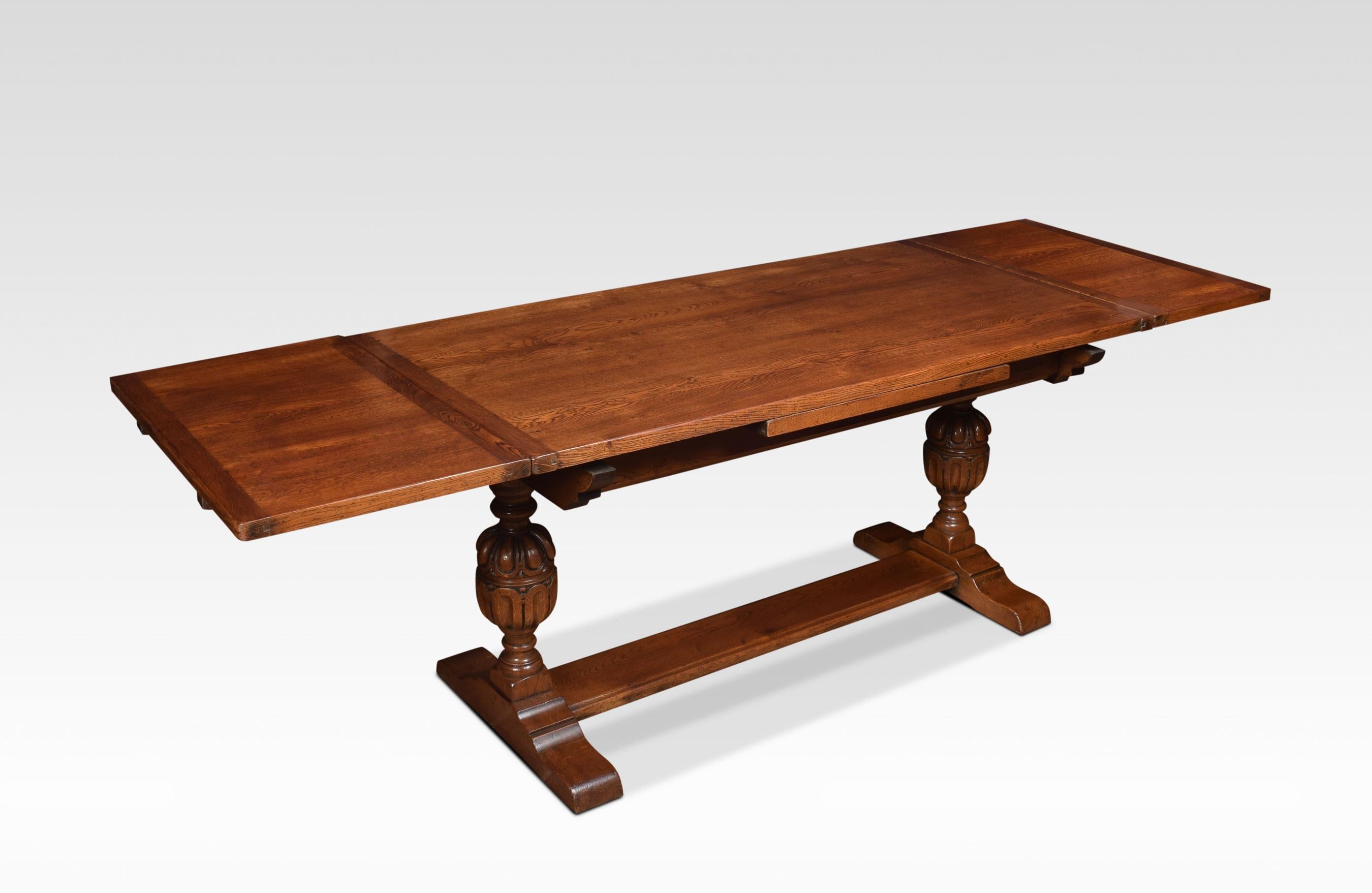 Oak draw leaf refectory table, the rectangular solid oak top having pull out ends. Above carved bulbous cup and cover supports united by a stretcher.
Dimensions
Height 30.5 inches
Width 60 inches when open 96 inches
Depth 31.5 inches.