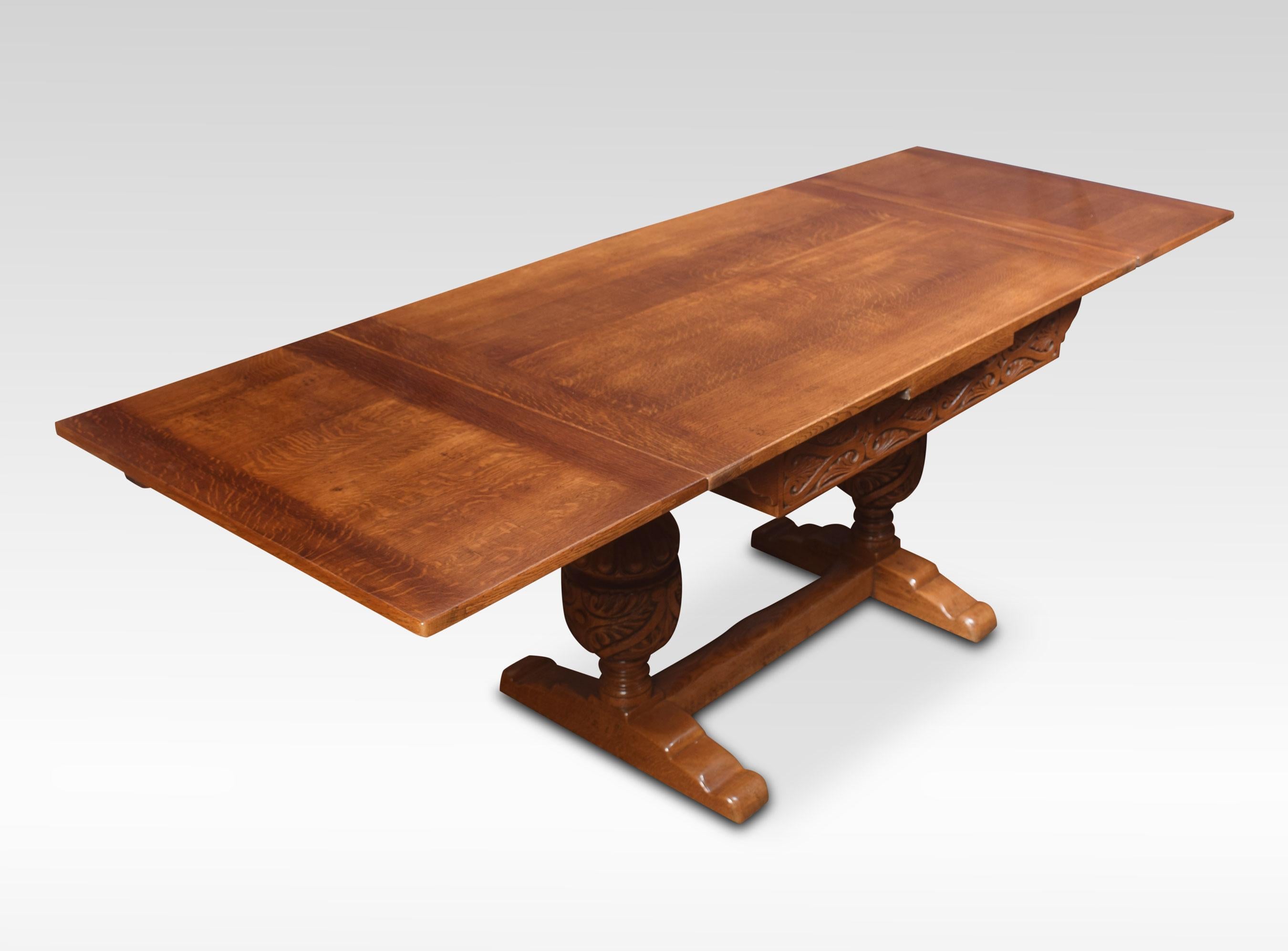 Oak draw leaf refectory table, the rectangular solid oak top having pull out ends. Above carved bulbous cup and cover supports united by a stretcher.
Dimensions
Height 30 inches
Width 48 inches when open 84 inches
Depth 31.5 inches.