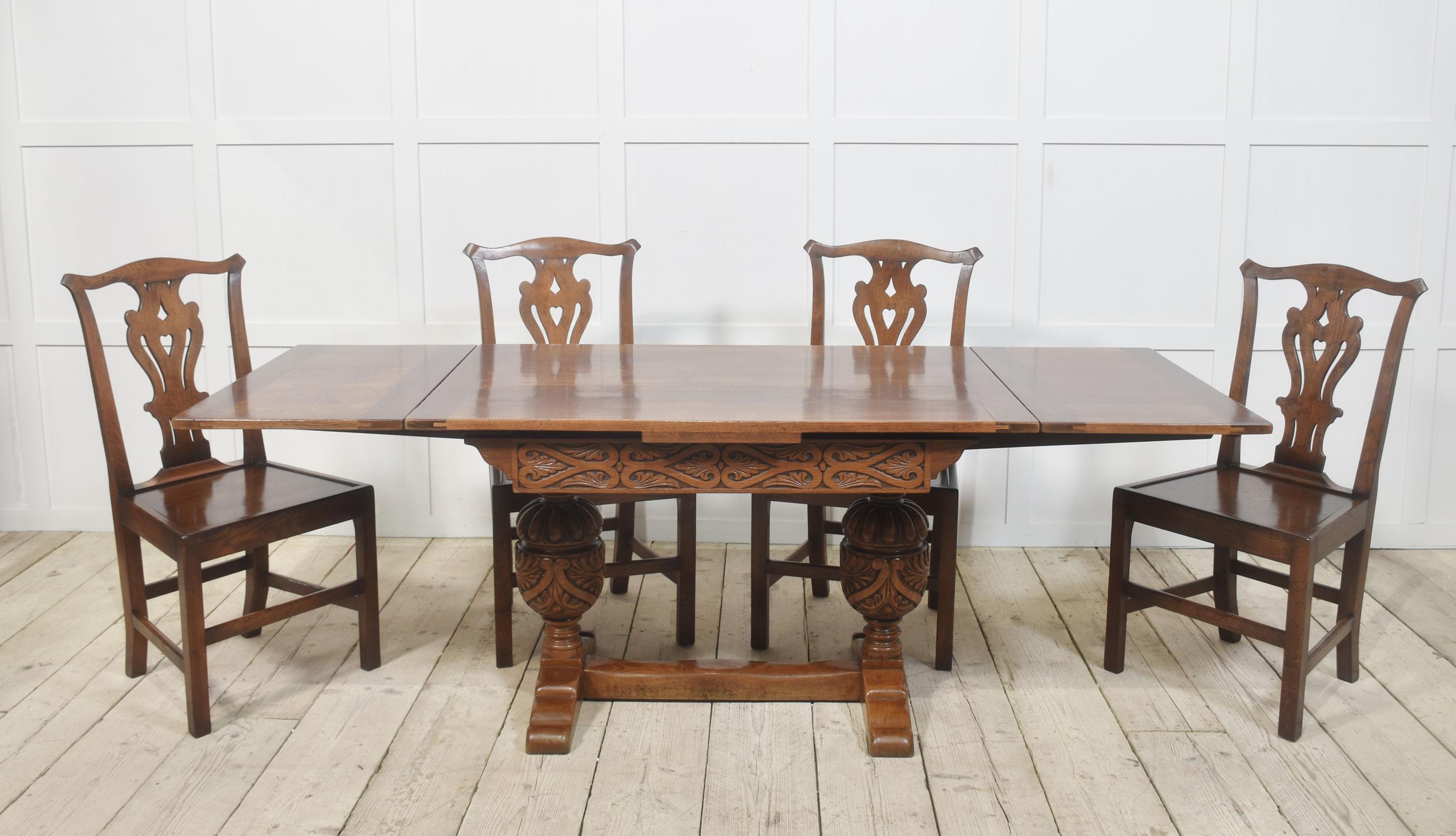 Oak draw leaf refectory table, the rectangular solid oak top having pull-out ends. Above carved bulbous cup and cover supports united by a stretcher.
Dimensions
Height 30 Inches
Width 48 Inches when open 84 Inches
Depth 31.5 Inches
