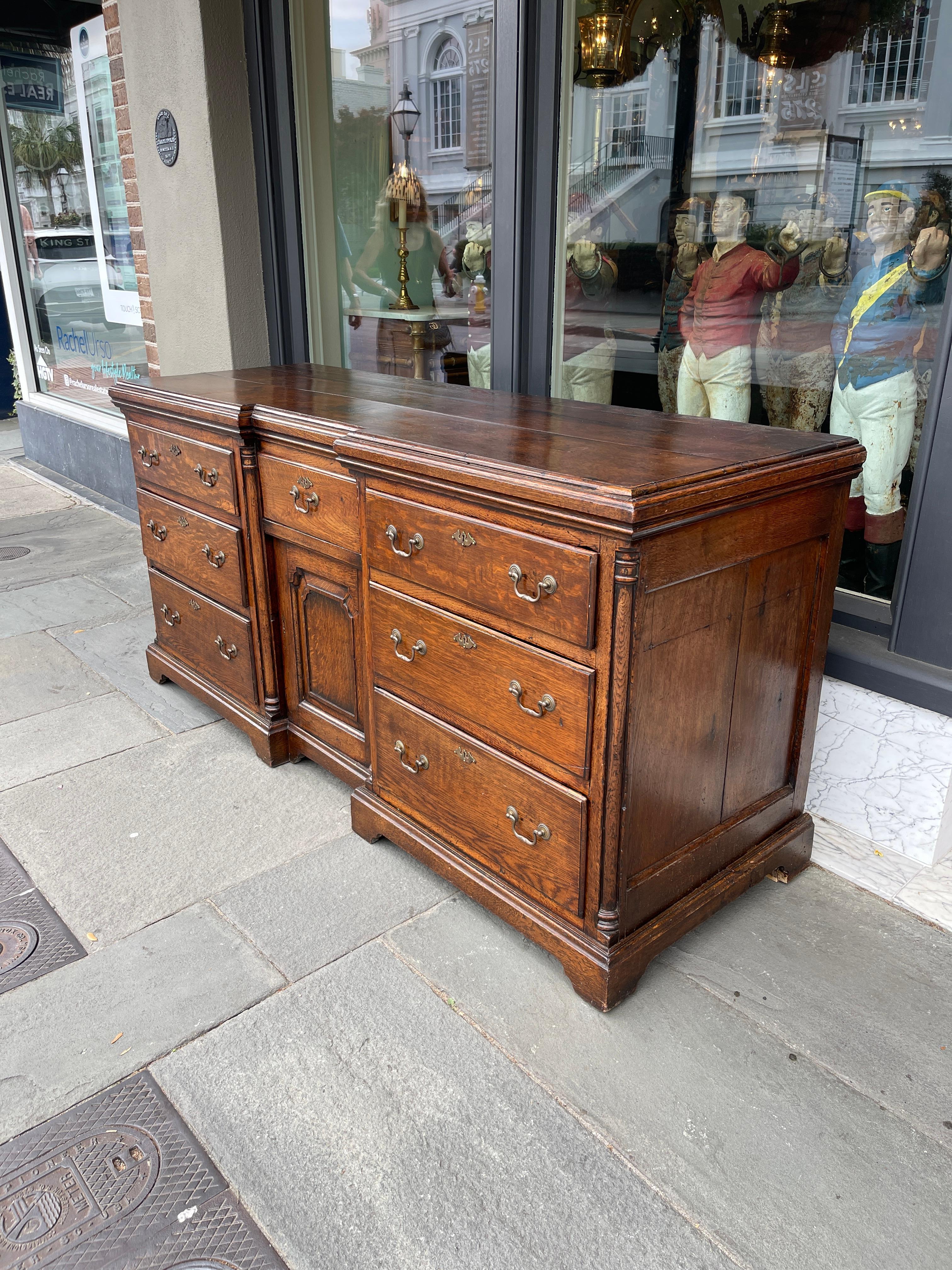 English Oak Dresser Base with Drawers and Center Cabinet 18th Century For Sale