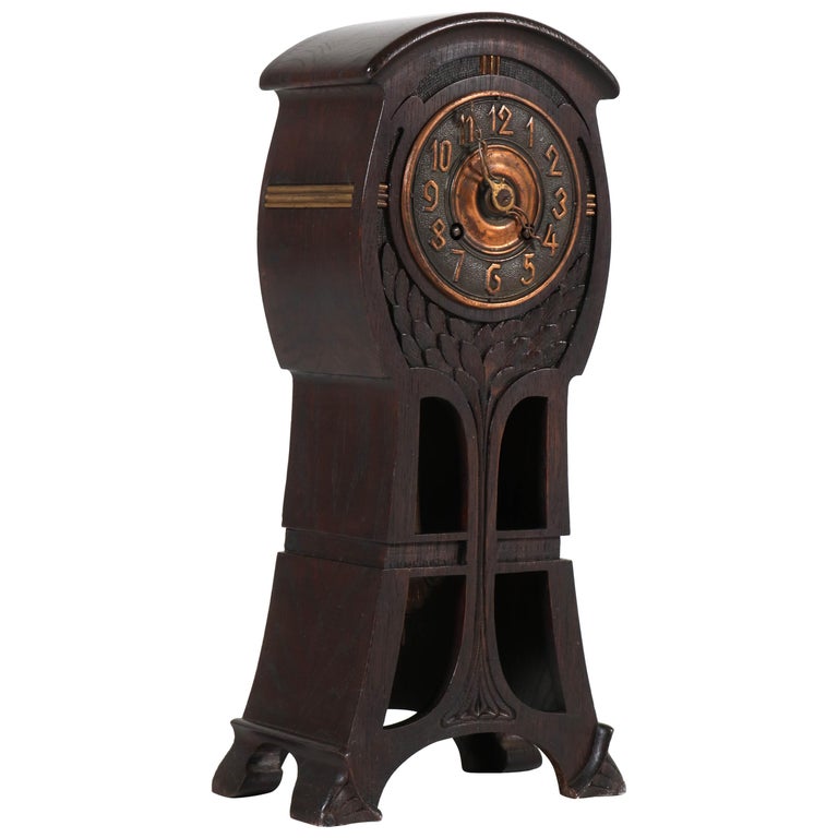 Oak Dutch Art Nouveau Arts and Crafts Mantel Clock, 1900s For Sale at