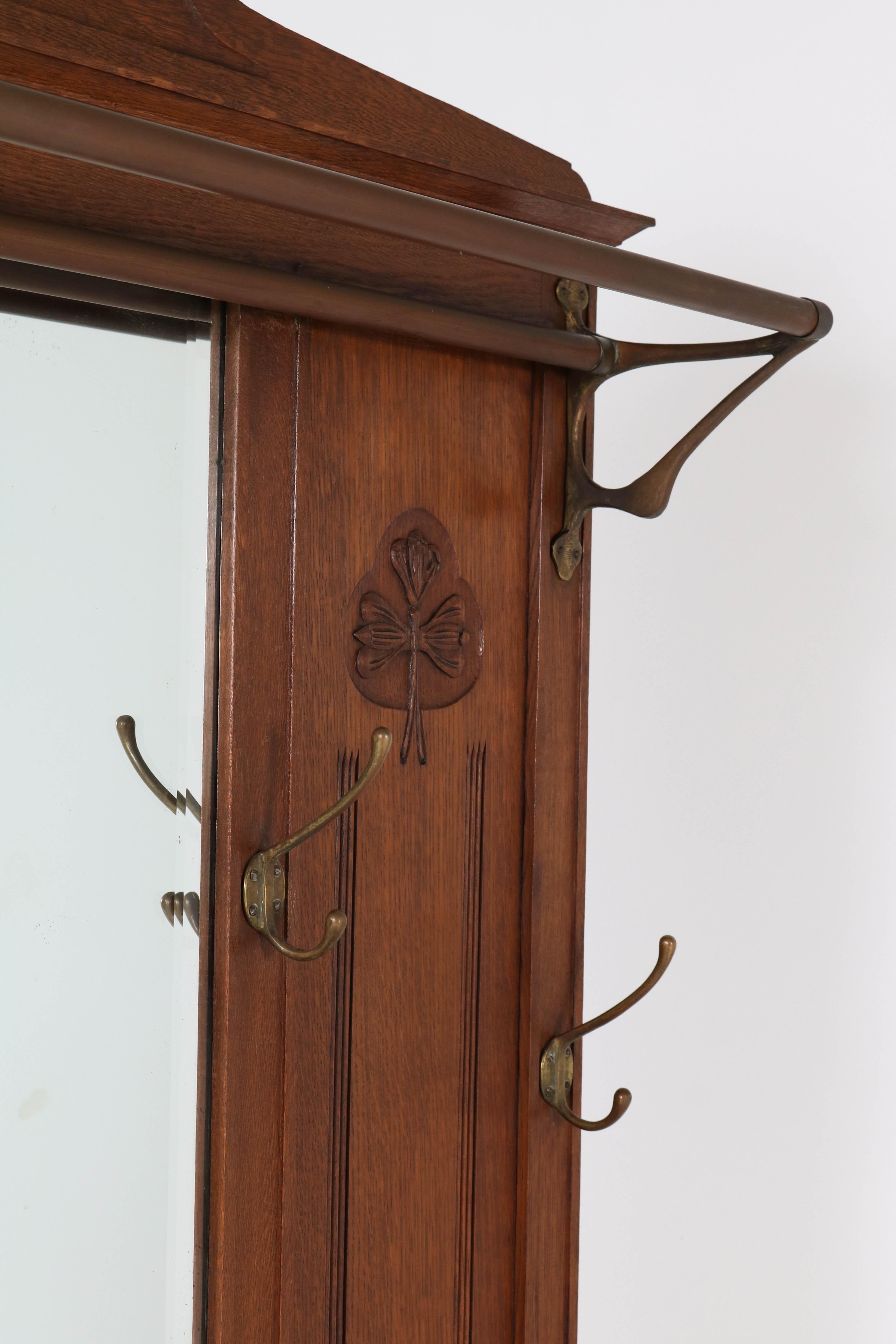 Brass Oak Dutch Art Nouveau Coat Rack or Porte Manteau, 1900s