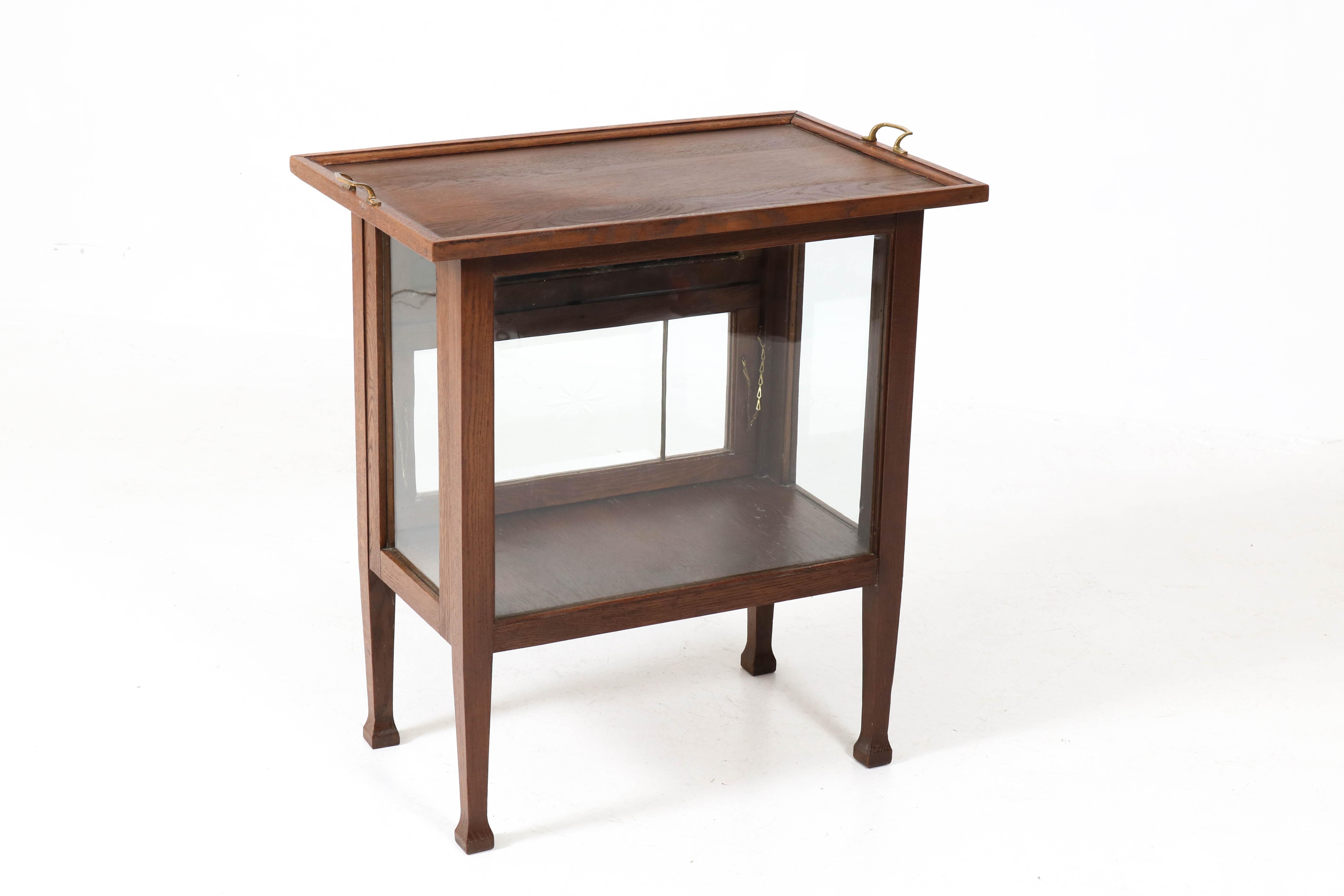 Brass Oak Dutch Art Nouveau Tea Cabinet with Original Tray, 1900s