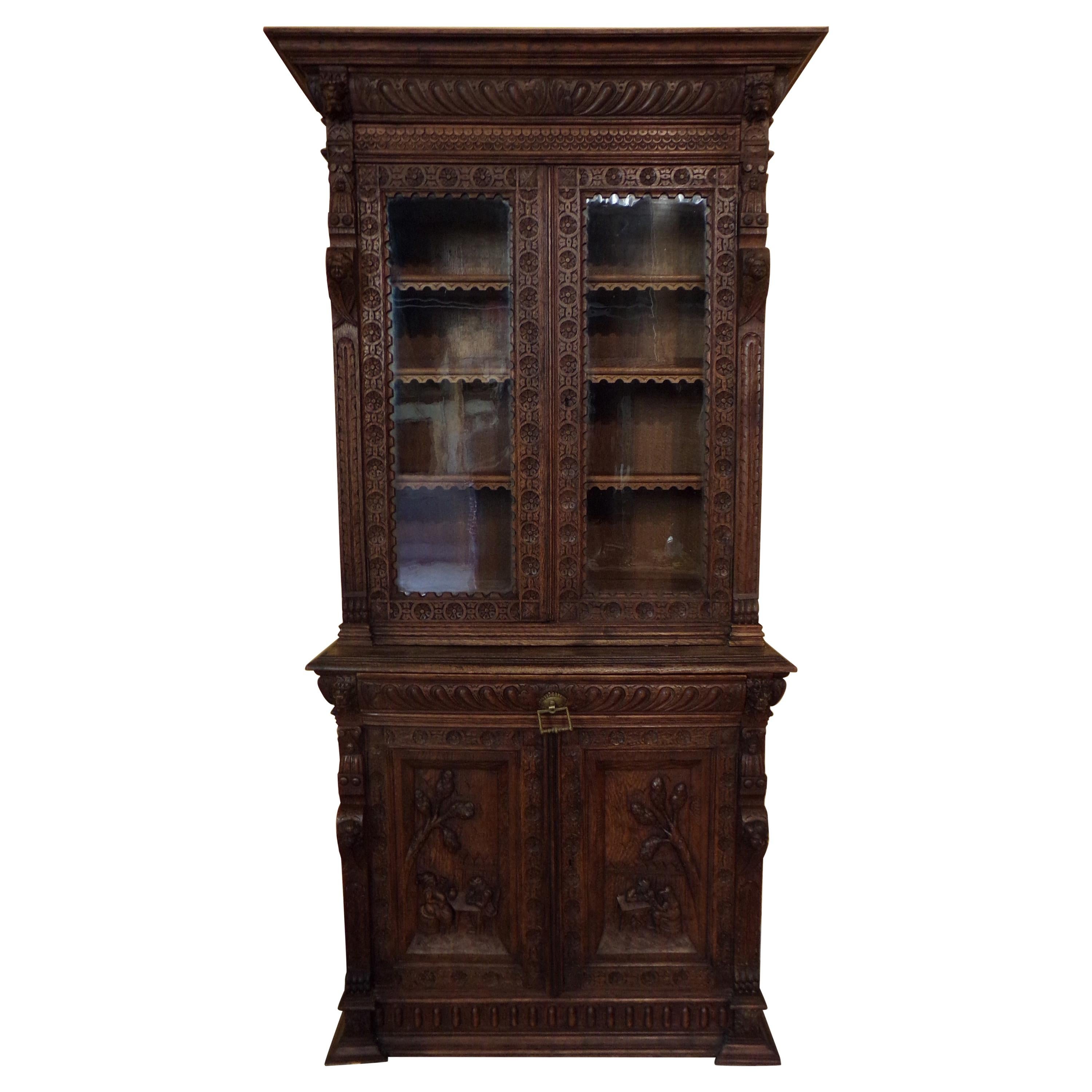 Oak Dutch hand Carved Bookcase For Sale