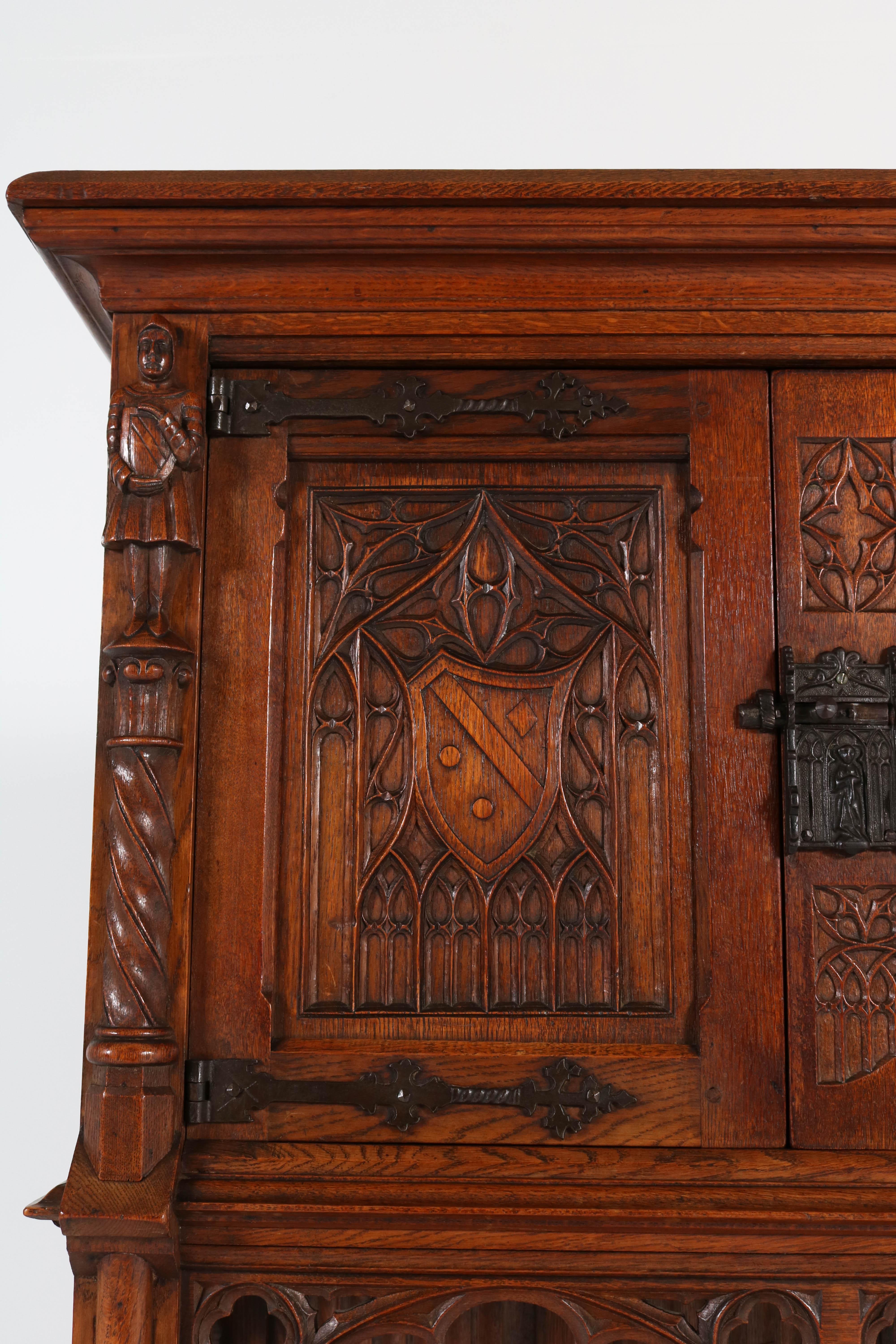 Zinc Oak Dutch Neo Gothic Cabinet with Carved Knights, 1930s
