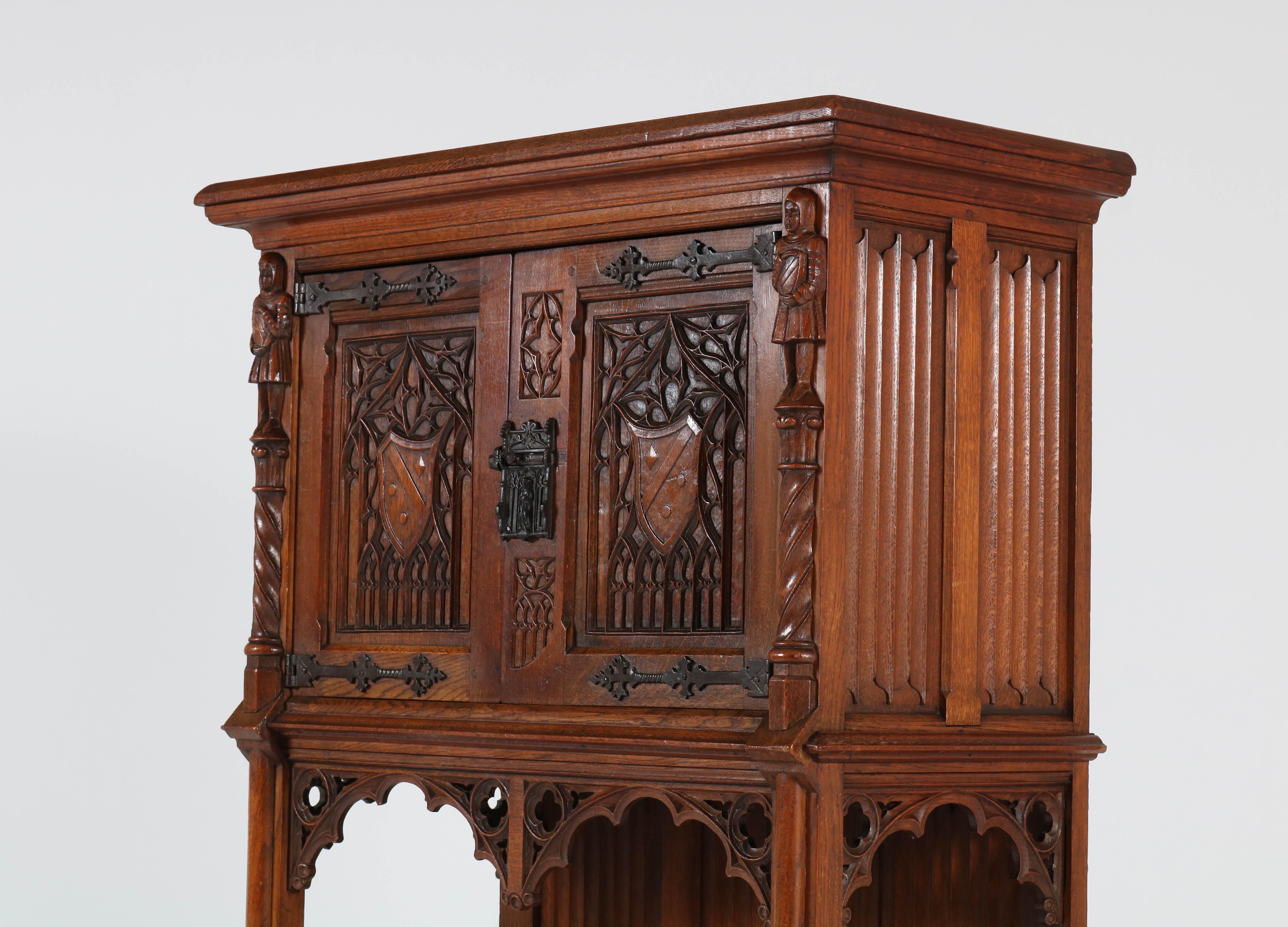 Oak Dutch Neo Gothic Cabinet with Carved Knights, 1930s 2