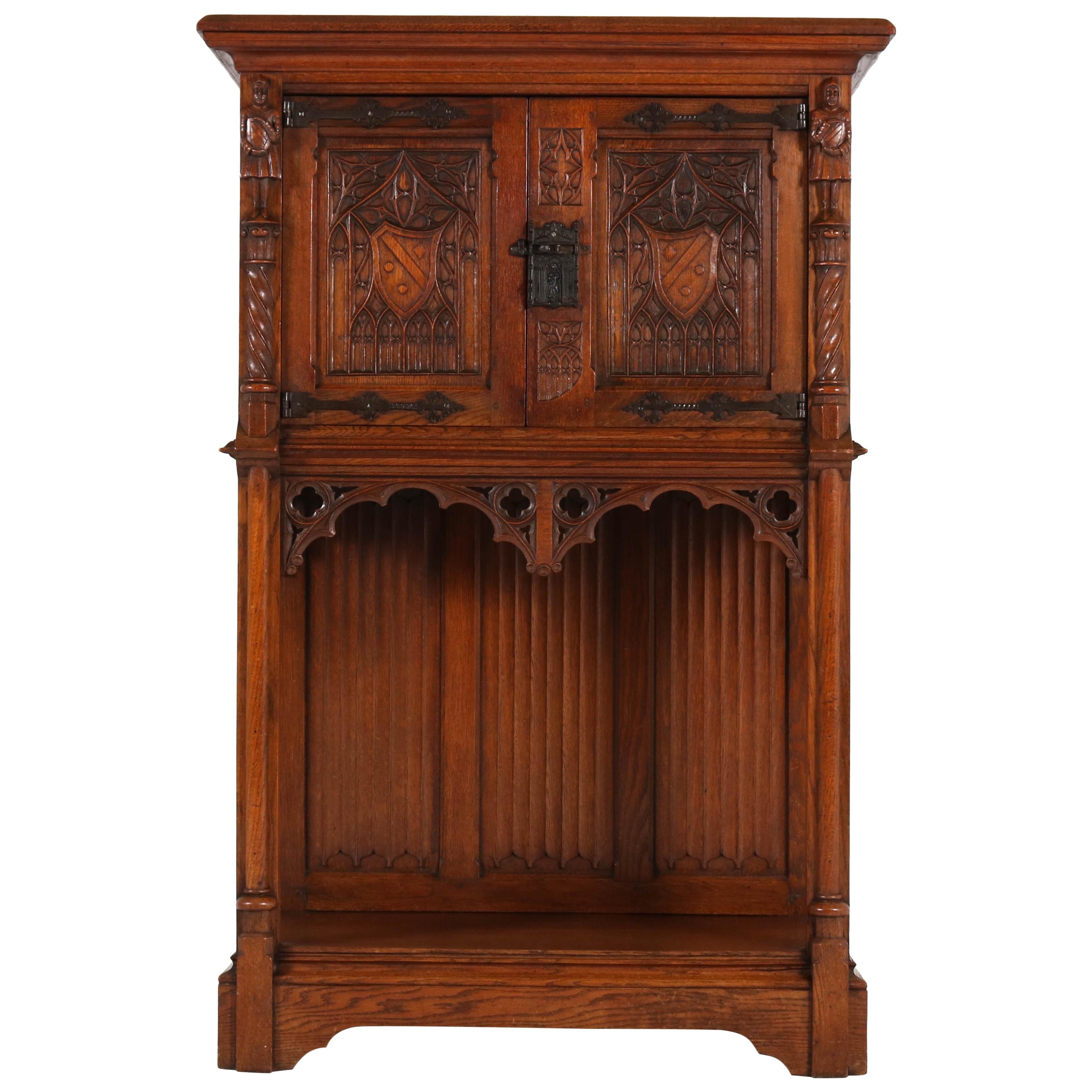 Oak Dutch Neo Gothic Cabinet with Carved Knights, 1930s
