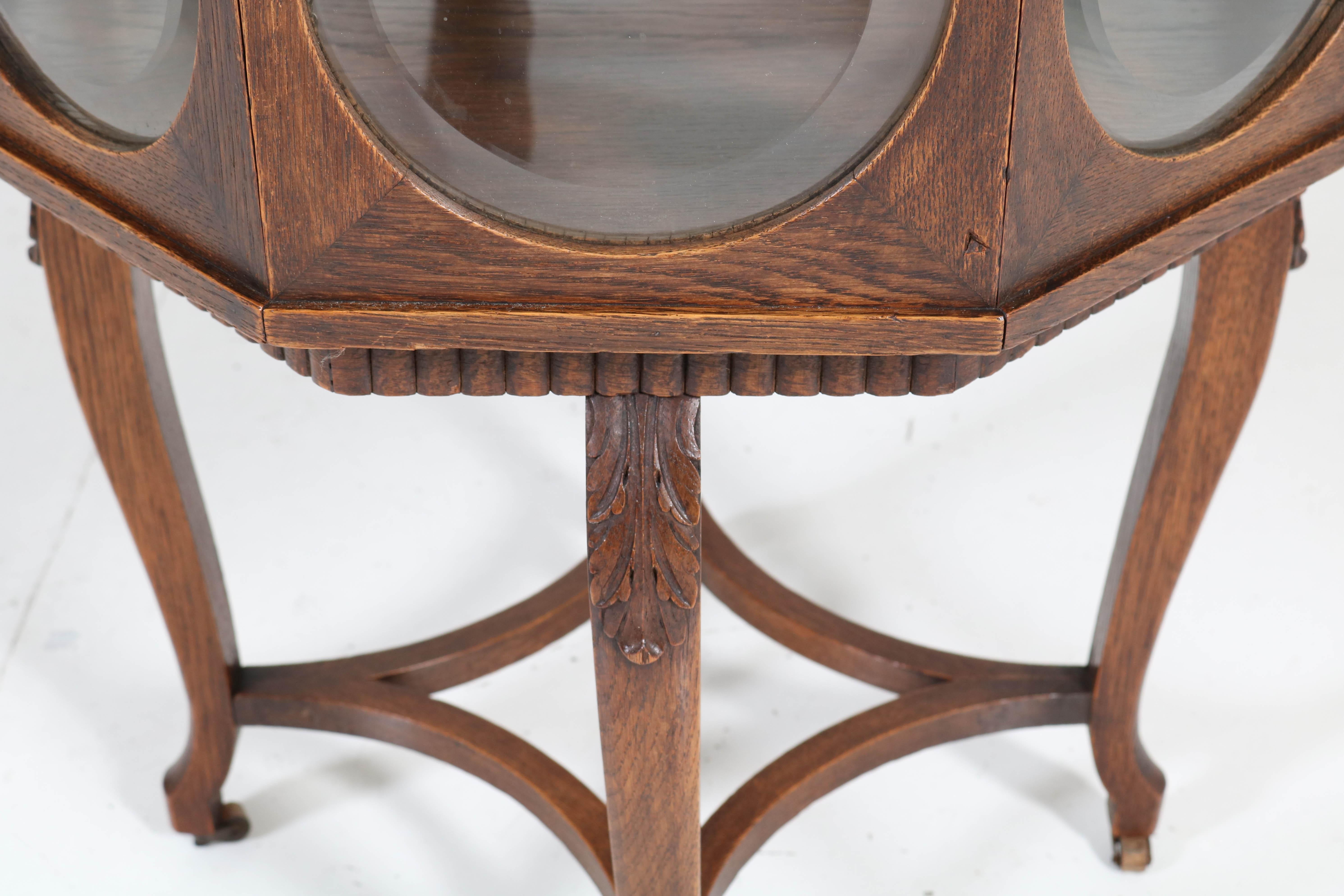 International Style Oak Early 20th Century Tea Cabinet with Beveled Glass