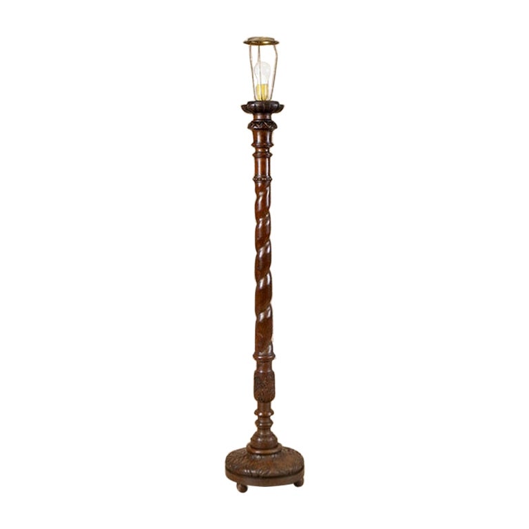 Early 20th Century Oak Electric Floor Lamp with Carved Wood Design