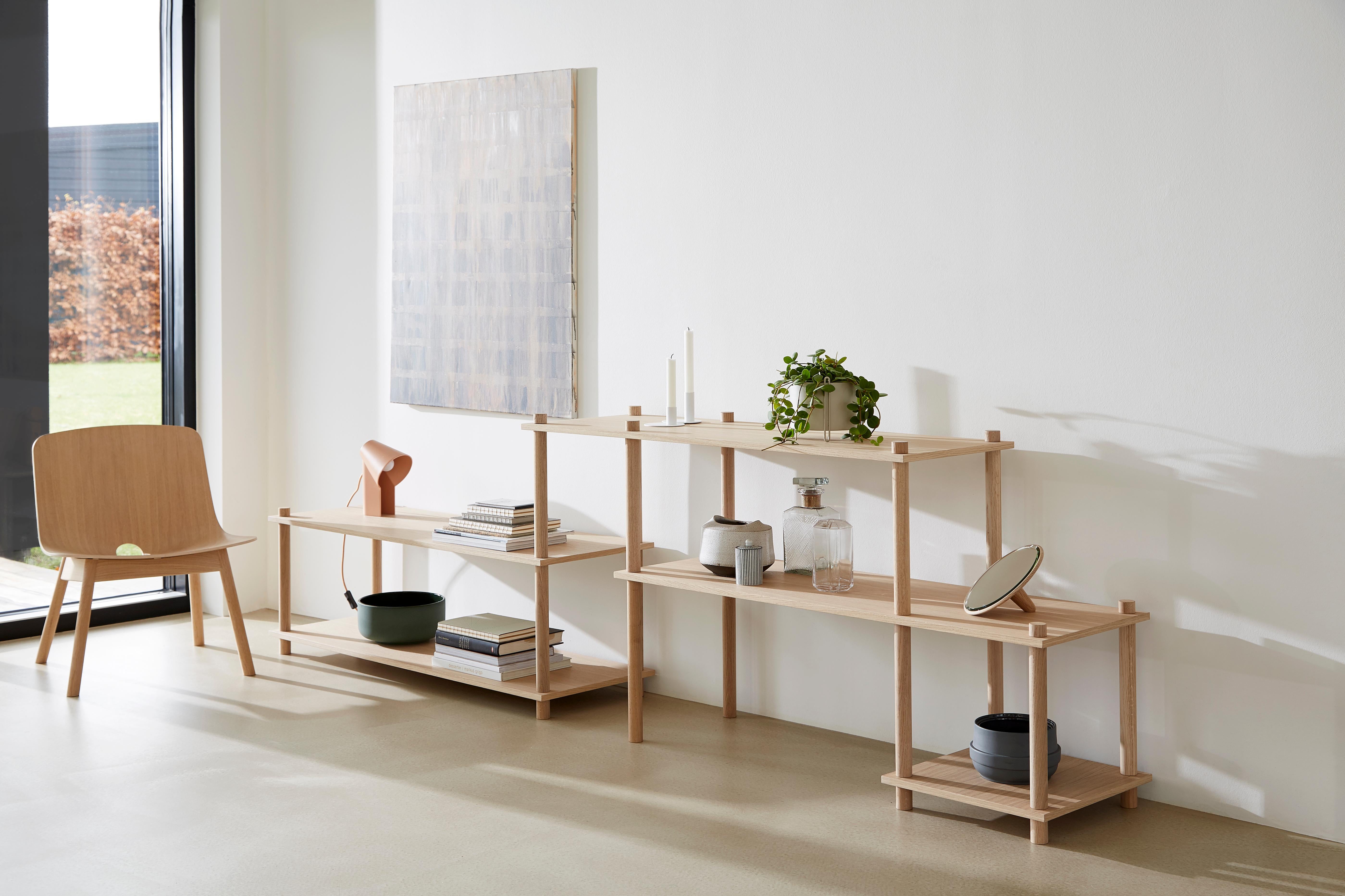 Oak elevate shelving VIII by Camilla Akersveen and Christopher Konings.
Materials: Metal, oak.
Dimensions: D 40 x W 233.2 x H 78.7 cm.
Available in matt lacquered oak or black oak. Different shelving sistems available.

Camilla Akersveen and