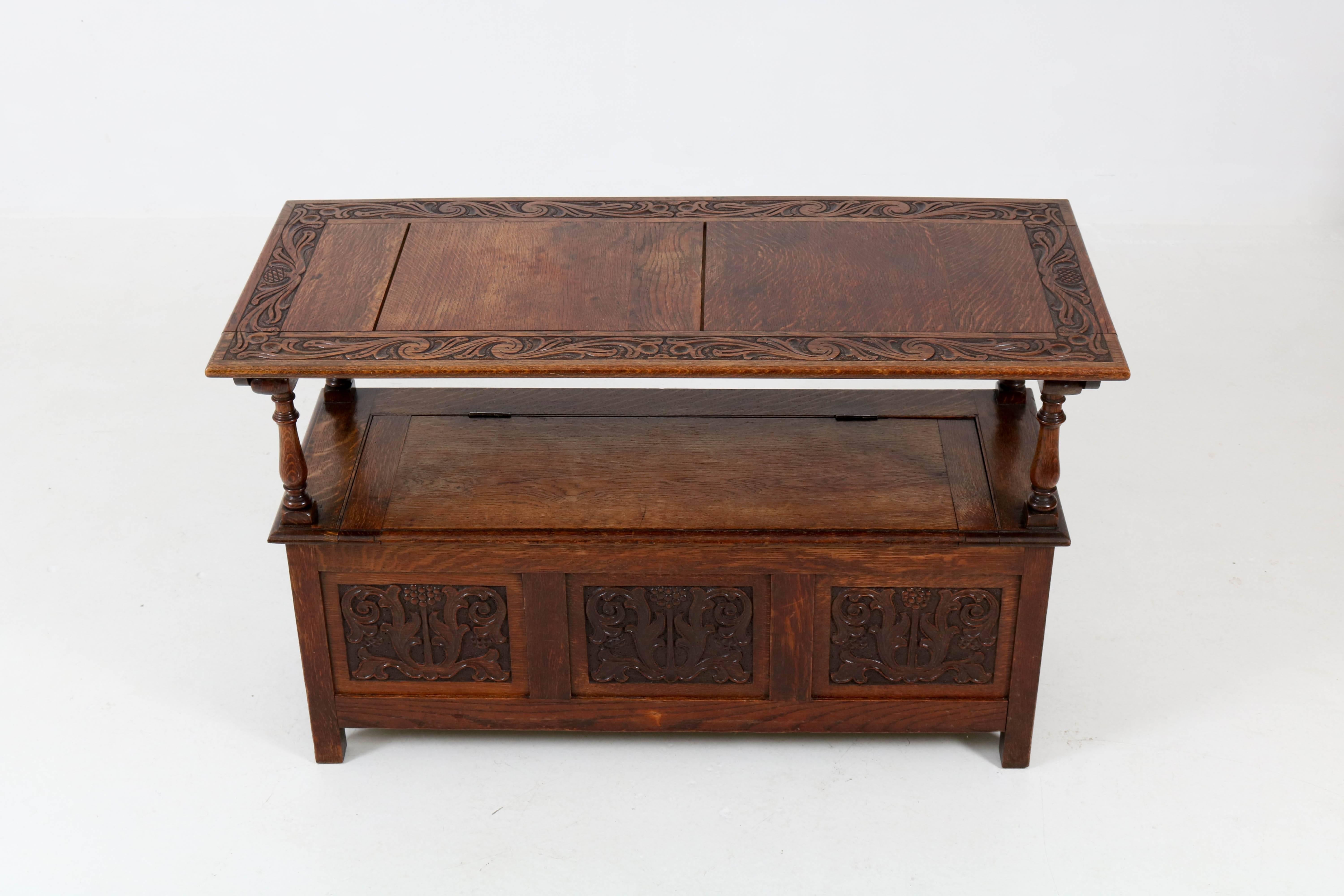 Oak English Monks Bench Carved Hall Bench by Robson & Sons, 1930s 1