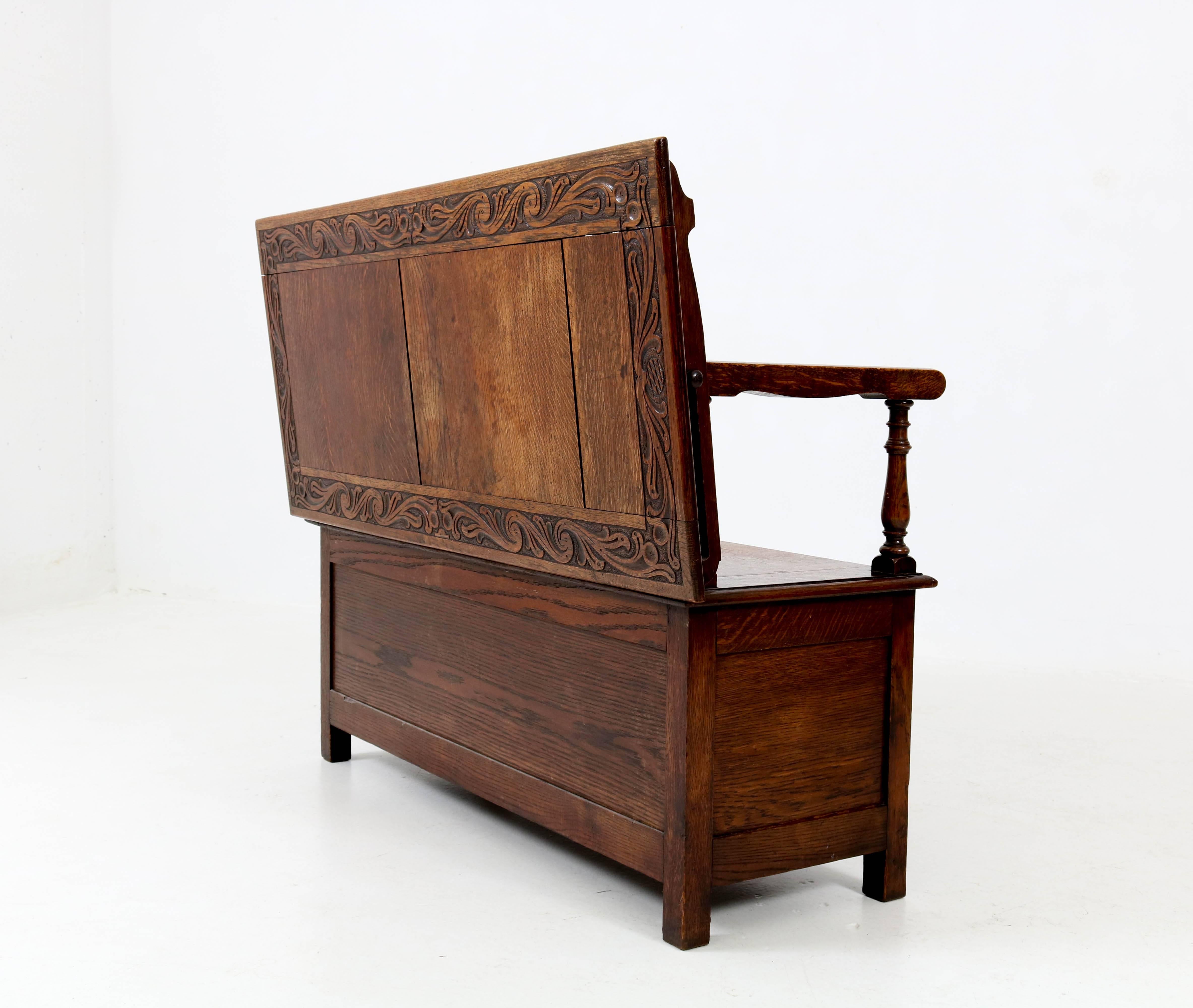 Oak English Monks Bench Carved Hall Bench by Robson & Sons, 1930s 3