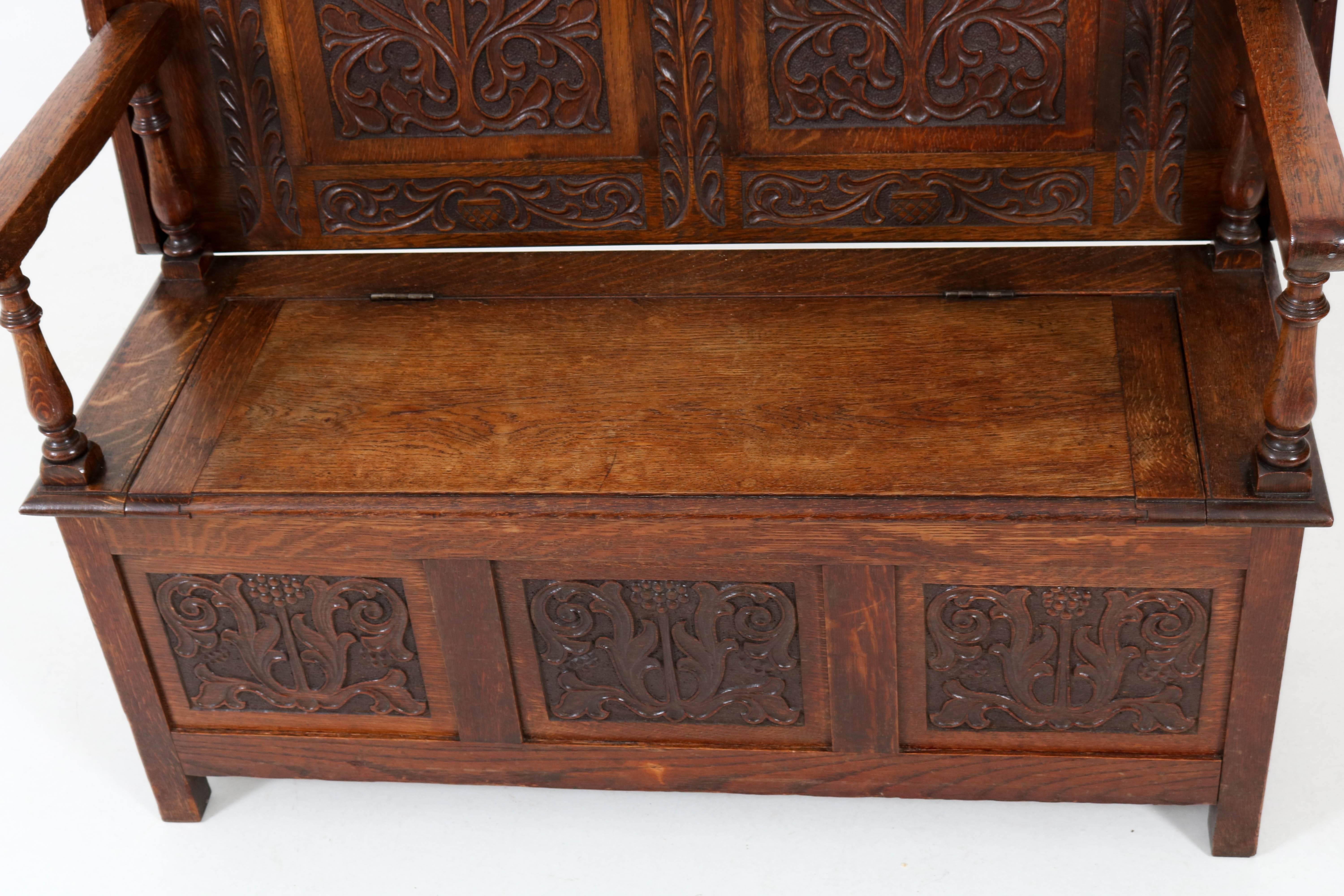 British Oak English Monks Bench Carved Hall Bench by Robson & Sons, 1930s