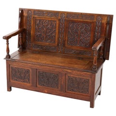 Used Oak English Monks Bench Carved Hall Bench by Robson & Sons, 1930s