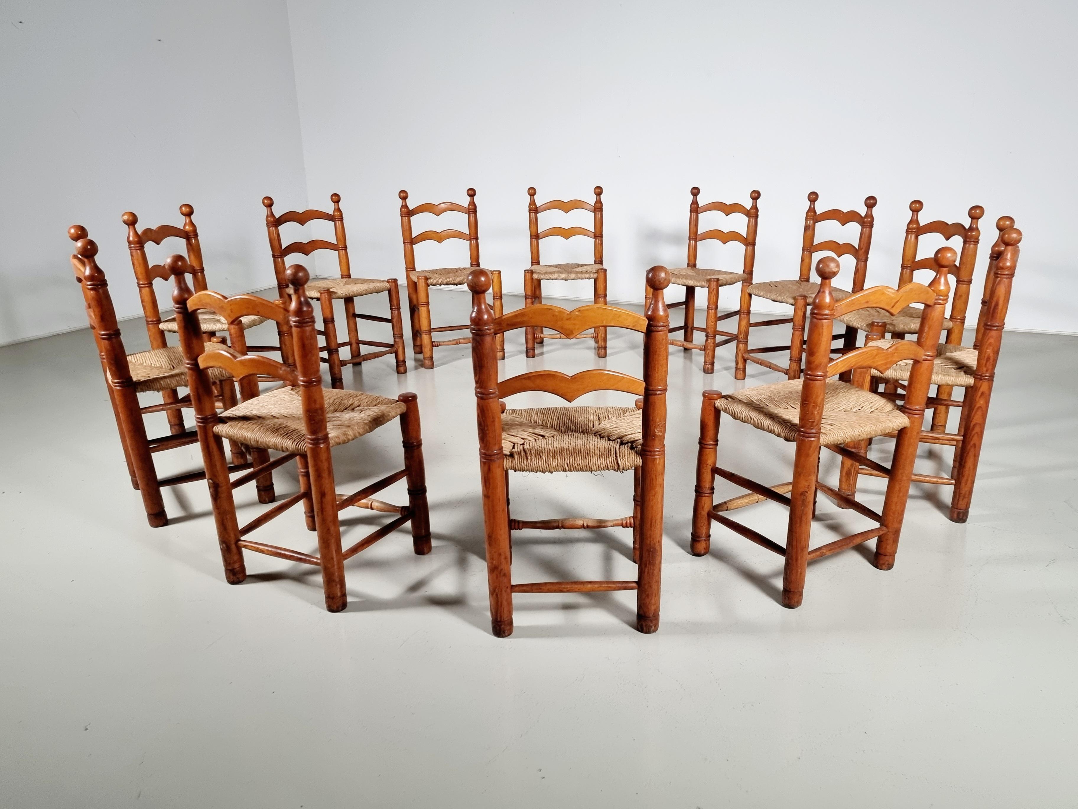 French Oak Farmer Style Dining Chairs, France, 1970s For Sale
