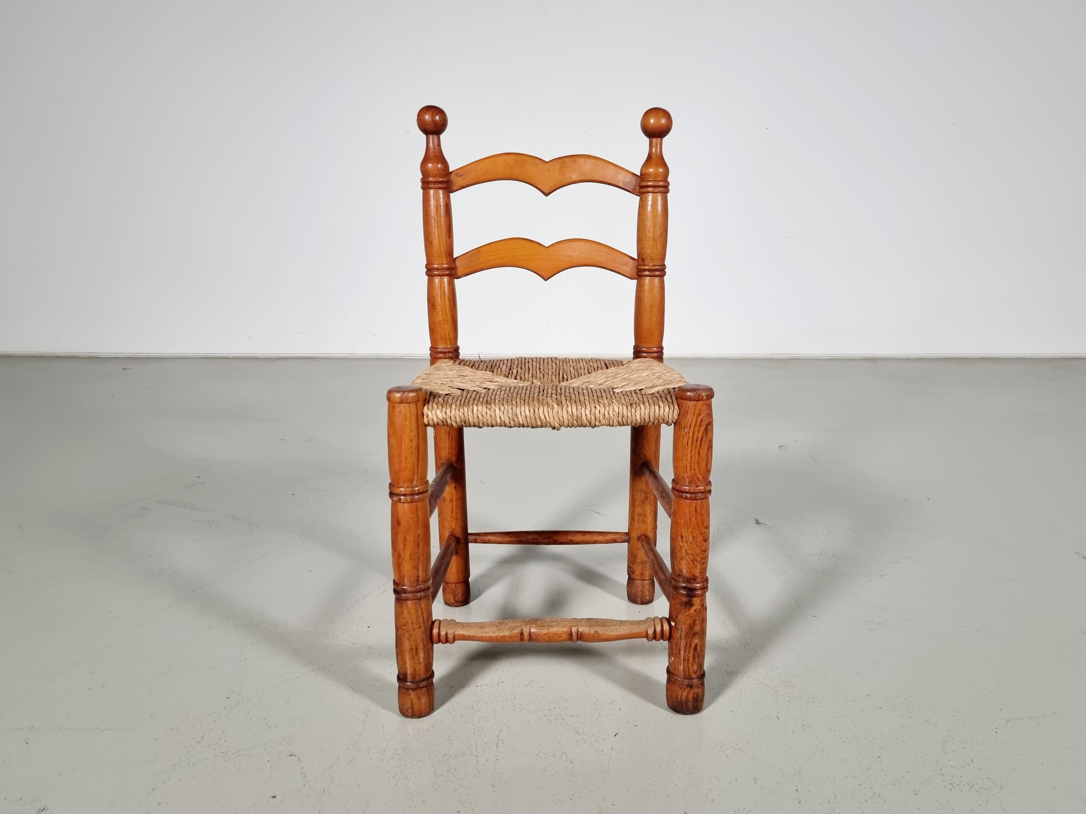 Rush Oak Farmer Style Dining Chairs, France, 1970s For Sale