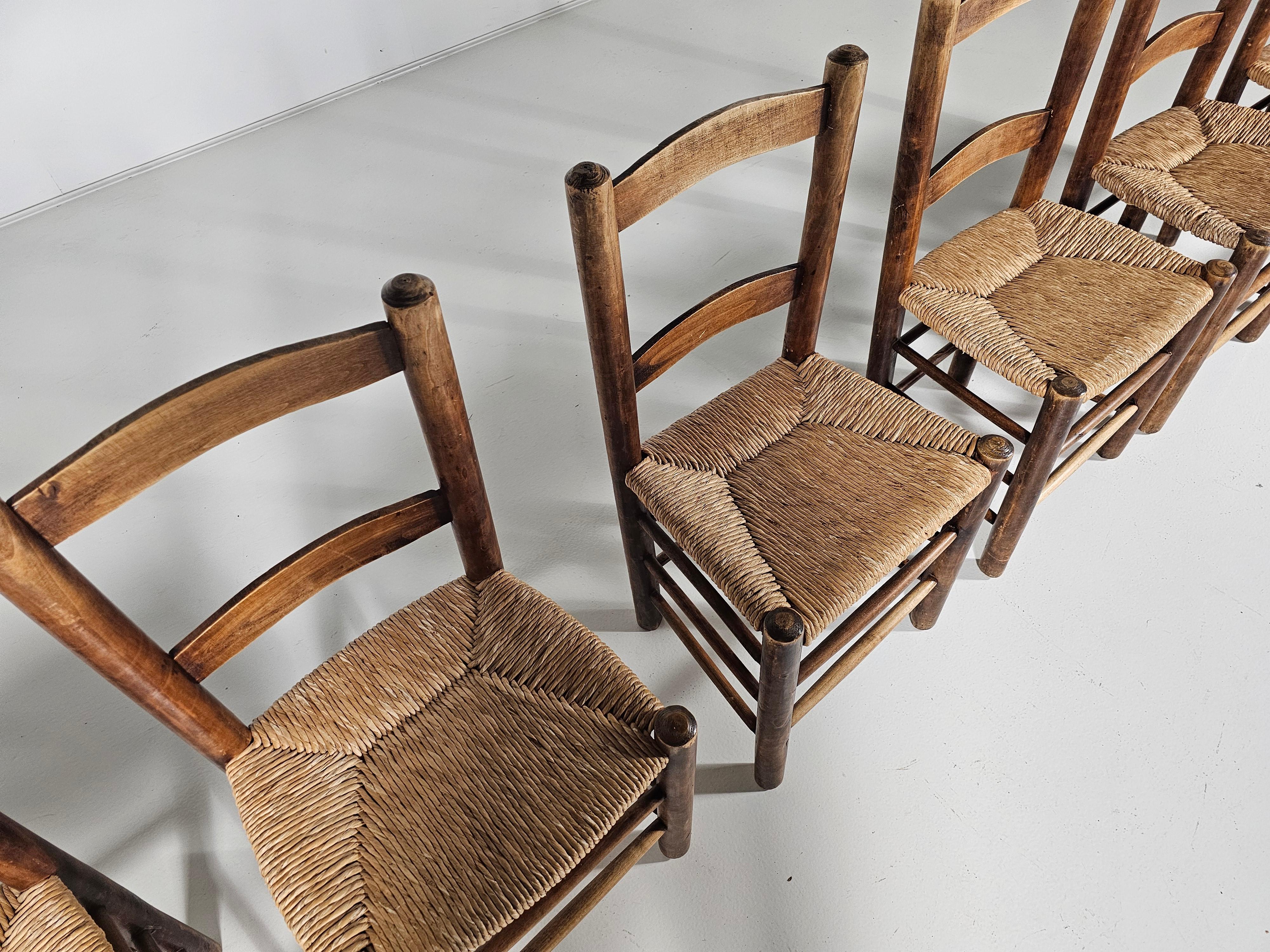 Rush Oak Farmer Style Dining Chairs, Spain,  1970s For Sale